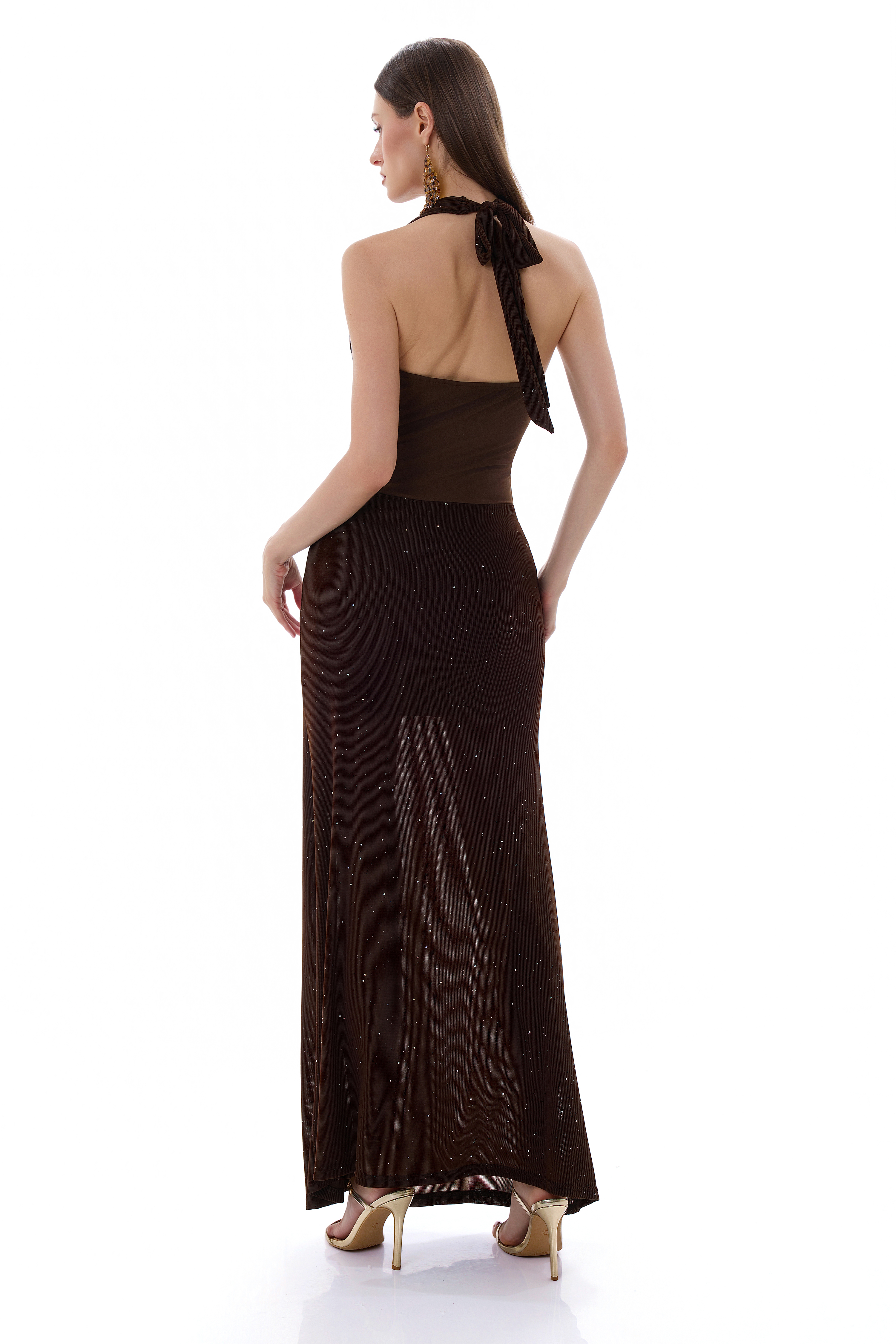 Silver Foil Stamping Halter Neck V-Neck Maxi Dress