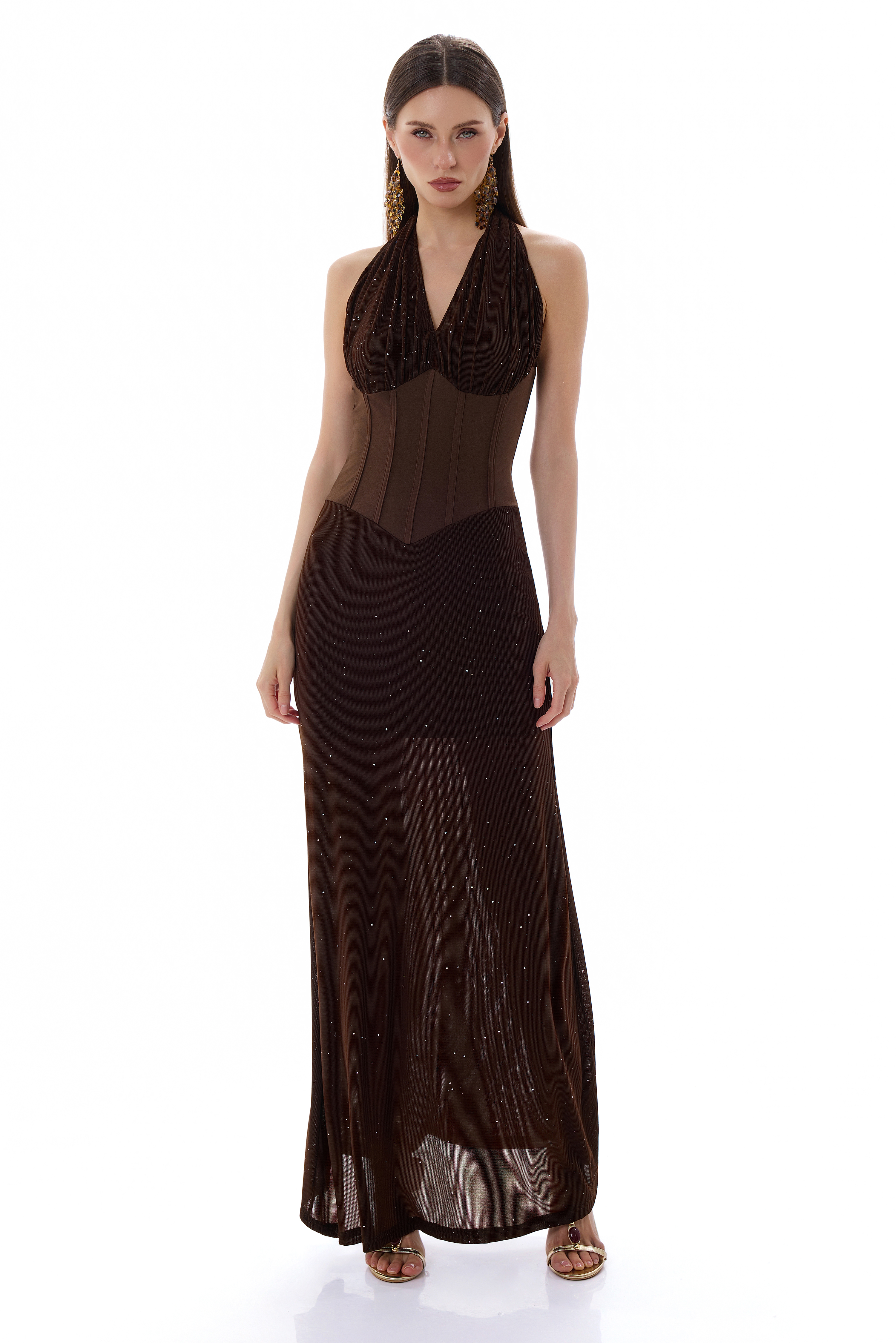 Silver Foil Stamping Halter Neck V-Neck Maxi Dress