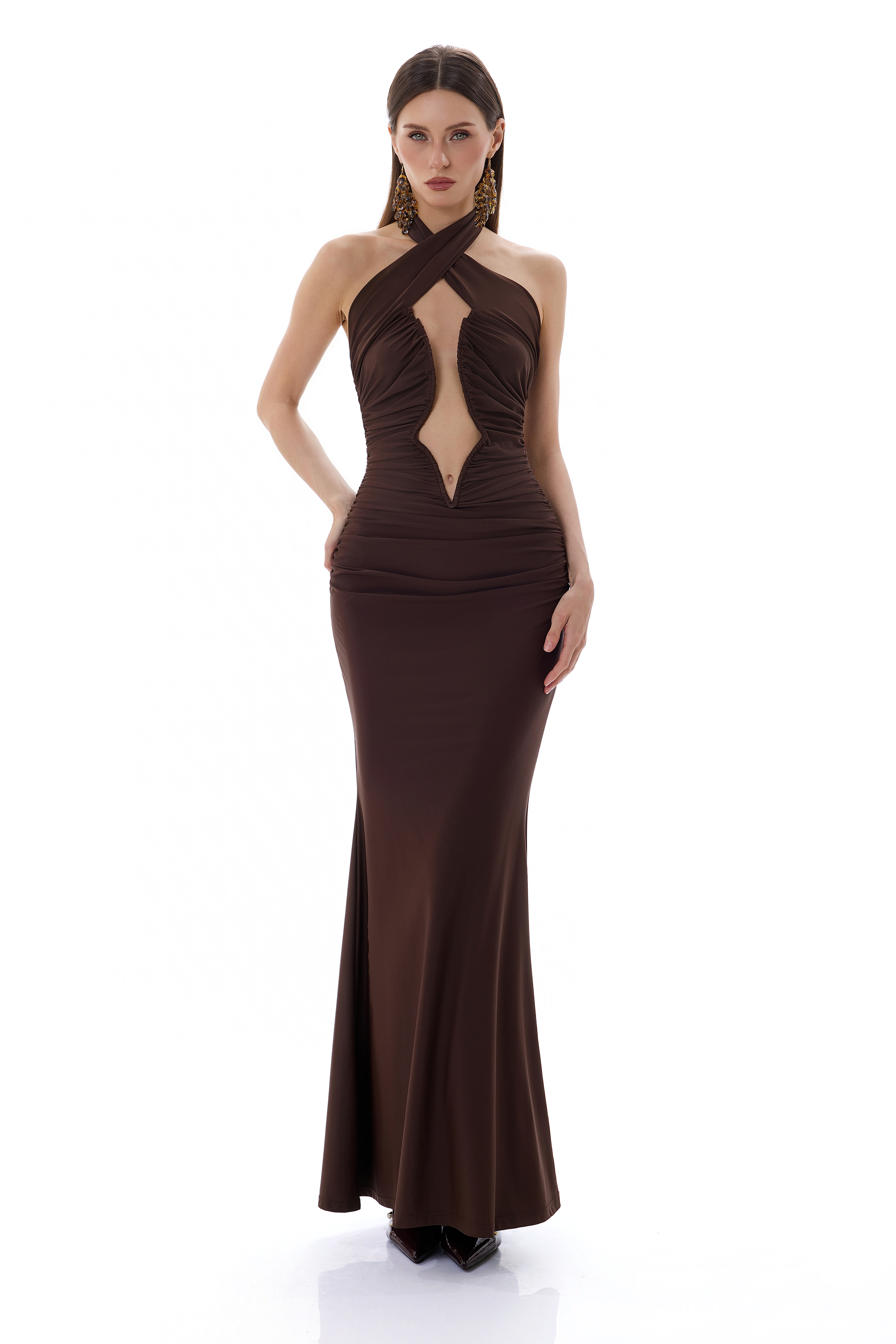 Halter Neck Cut-Out Ruched Maxi Dress