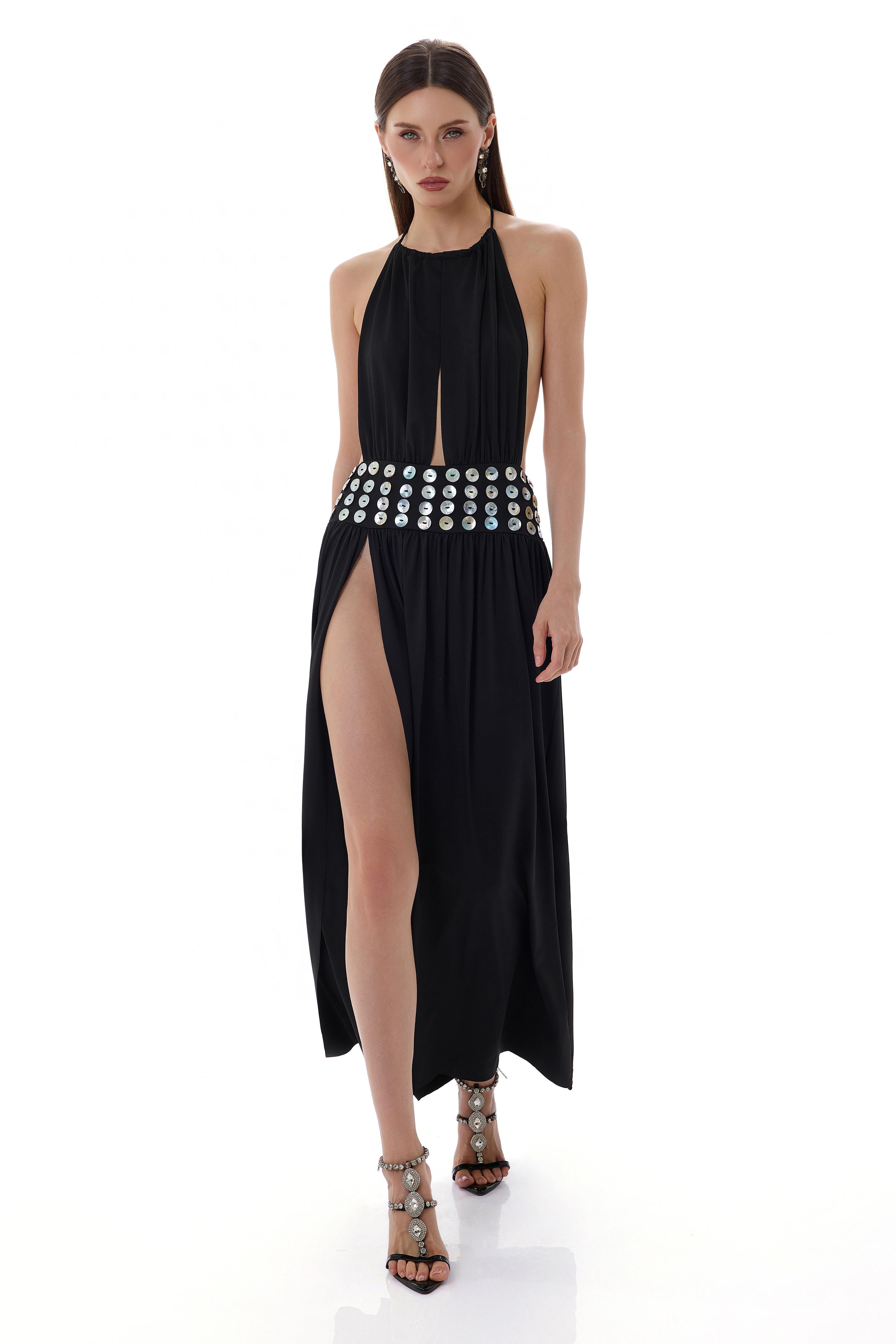 Shell Button Cut-Out Halter Neck Maxi Dress