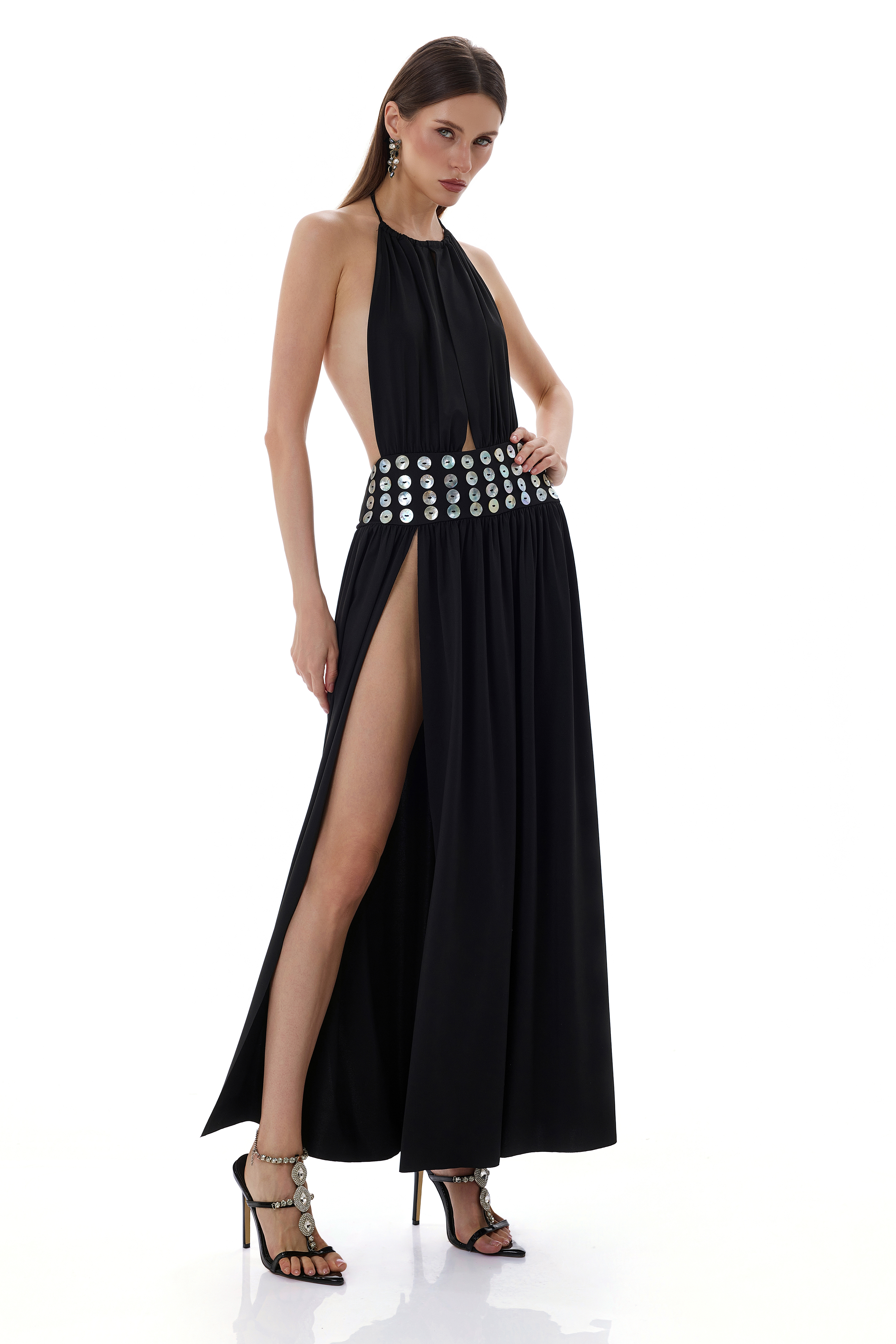 Shell Button Cut-Out Halter Neck Maxi Dress