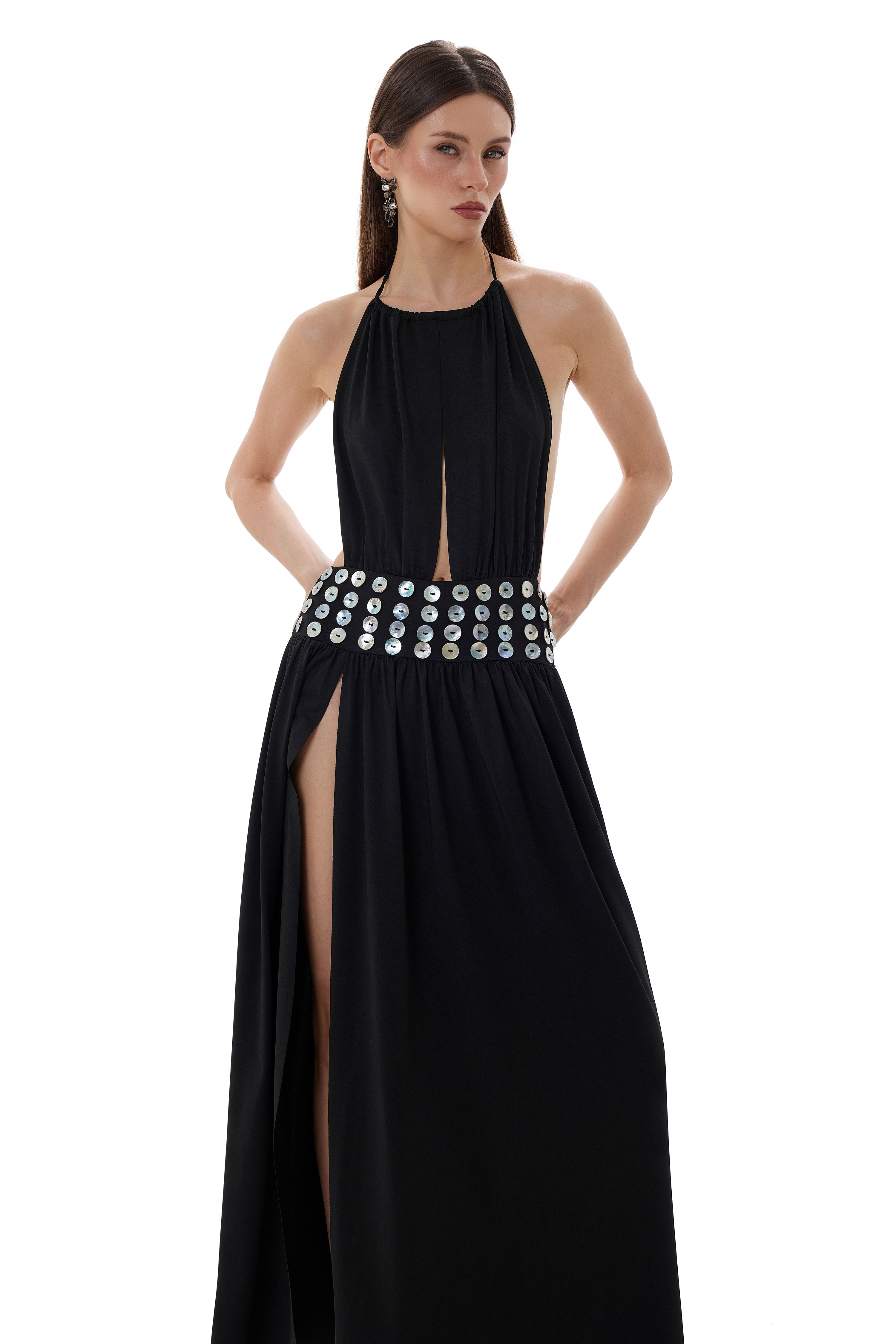 Shell Button Cut-Out Halter Neck Maxi Dress