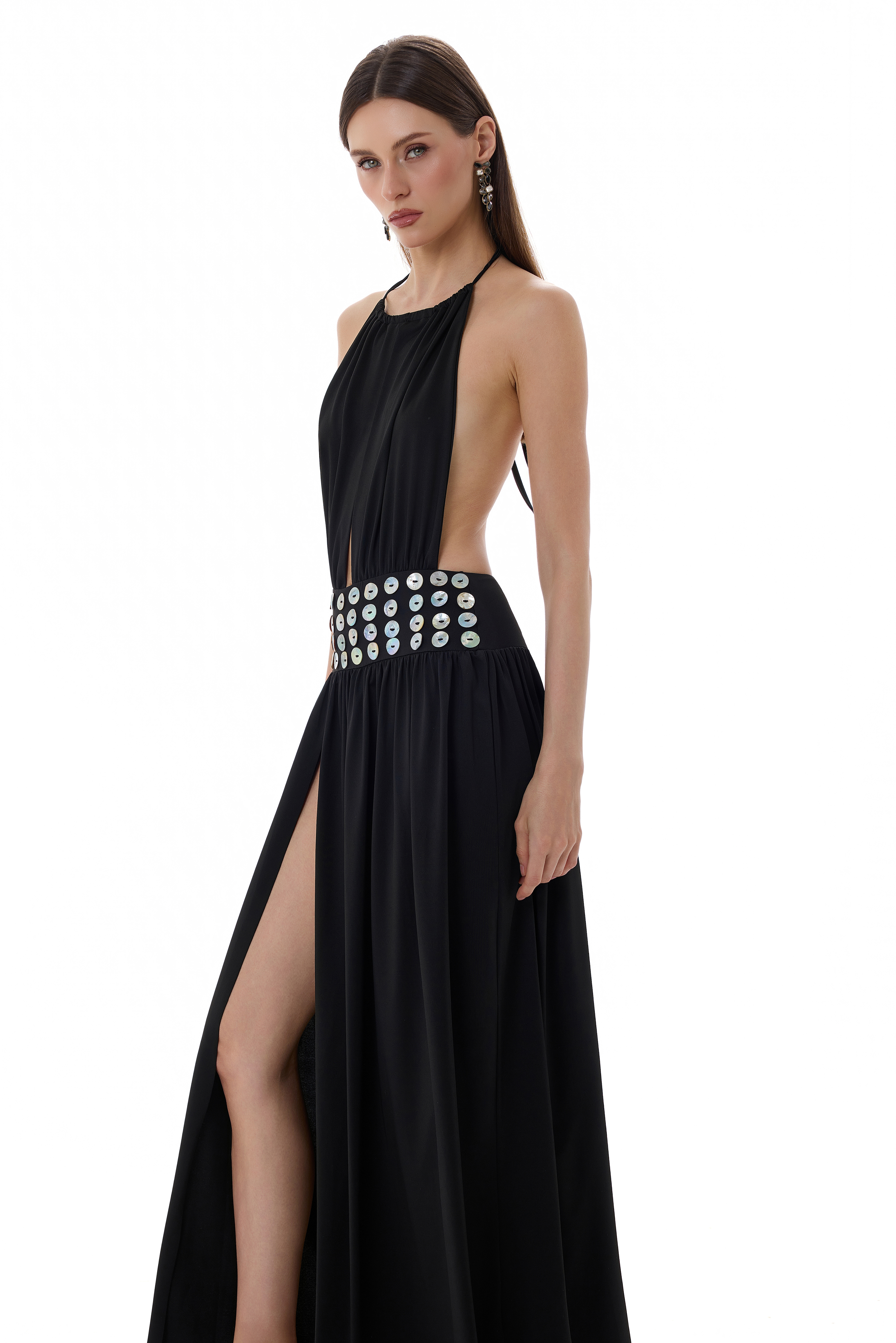 Shell Button Cut-Out Halter Neck Maxi Dress