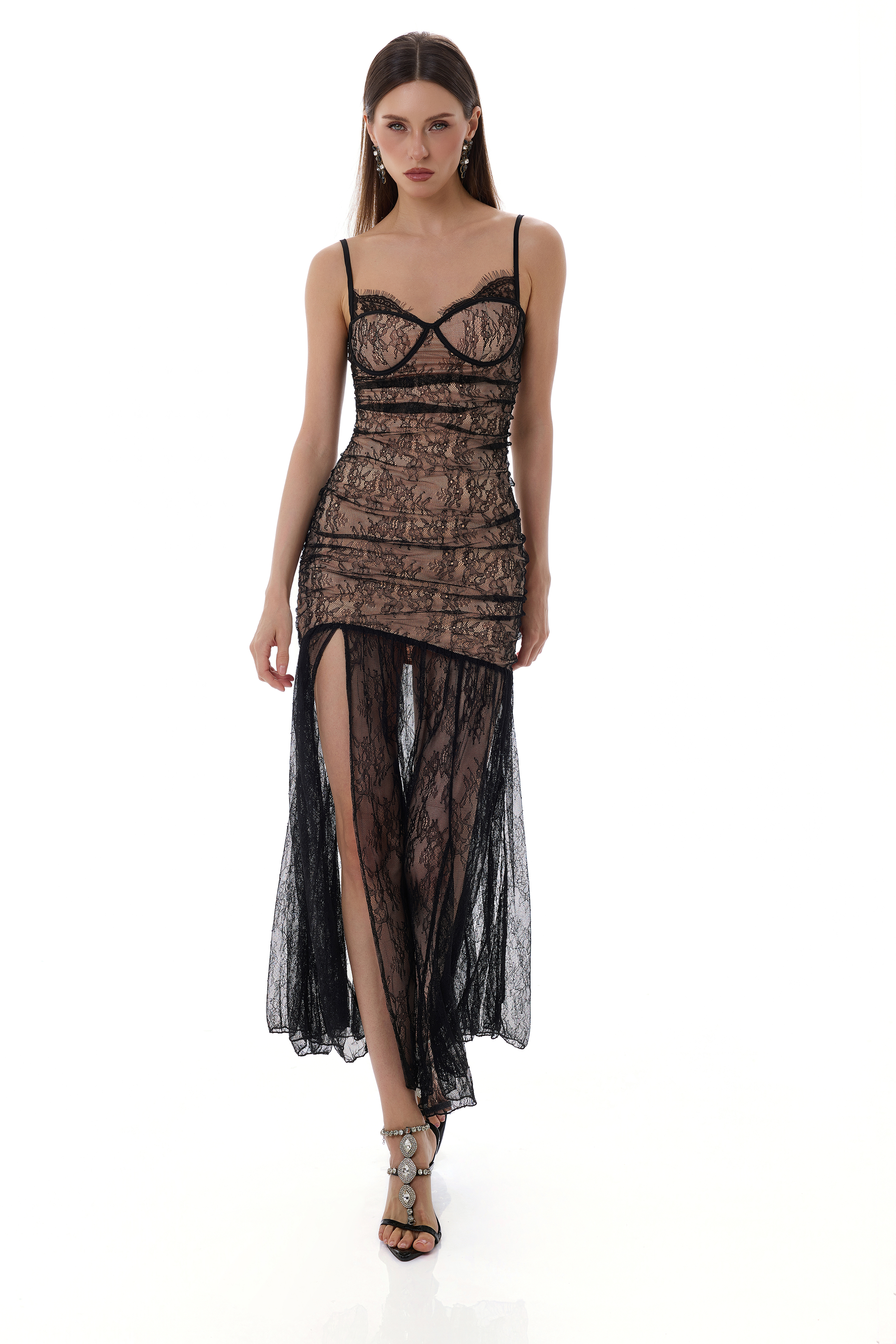 Lace Sweetheart Neck Slit Maxi Dress