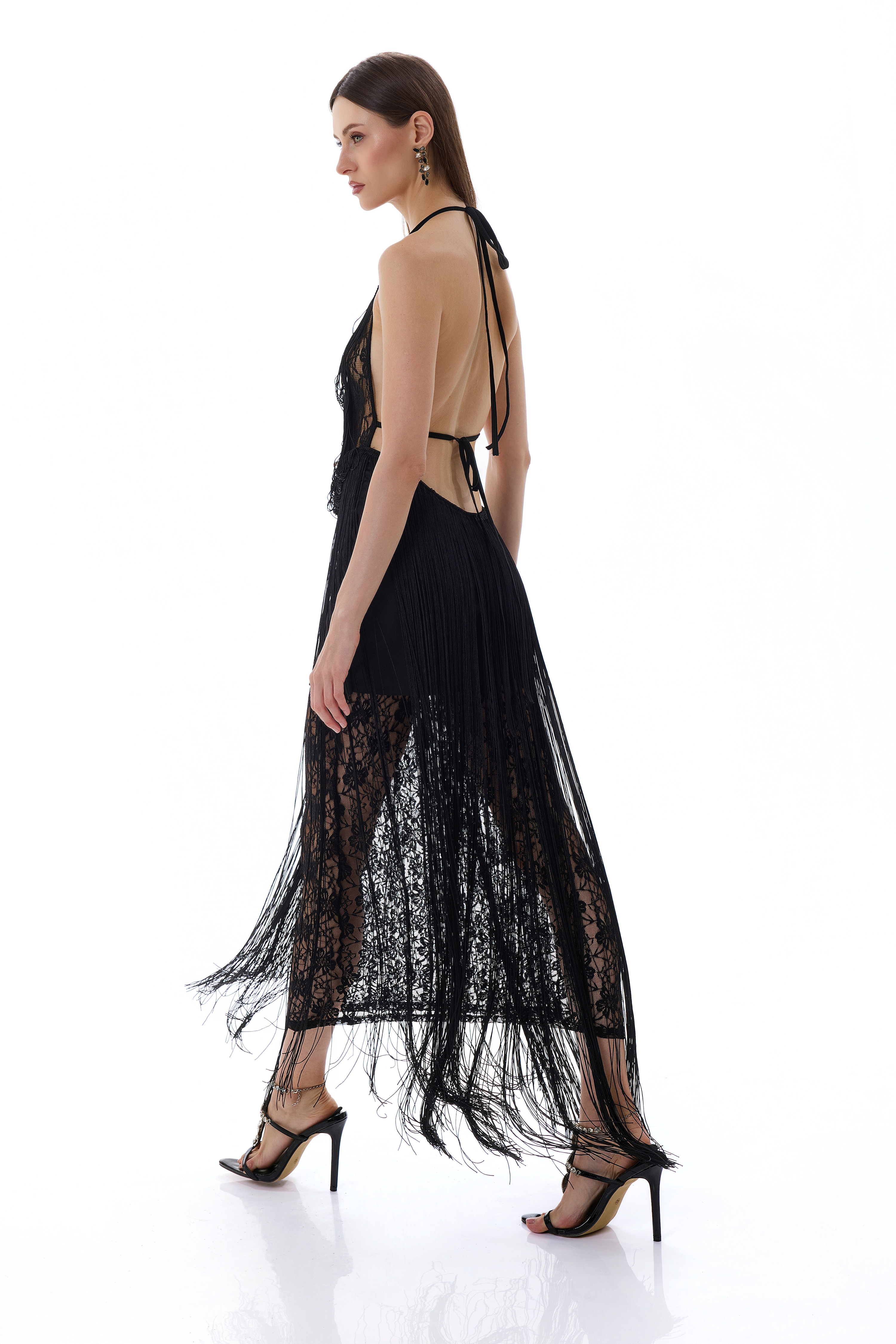 Lace See-Through Tassel Maxi Dress