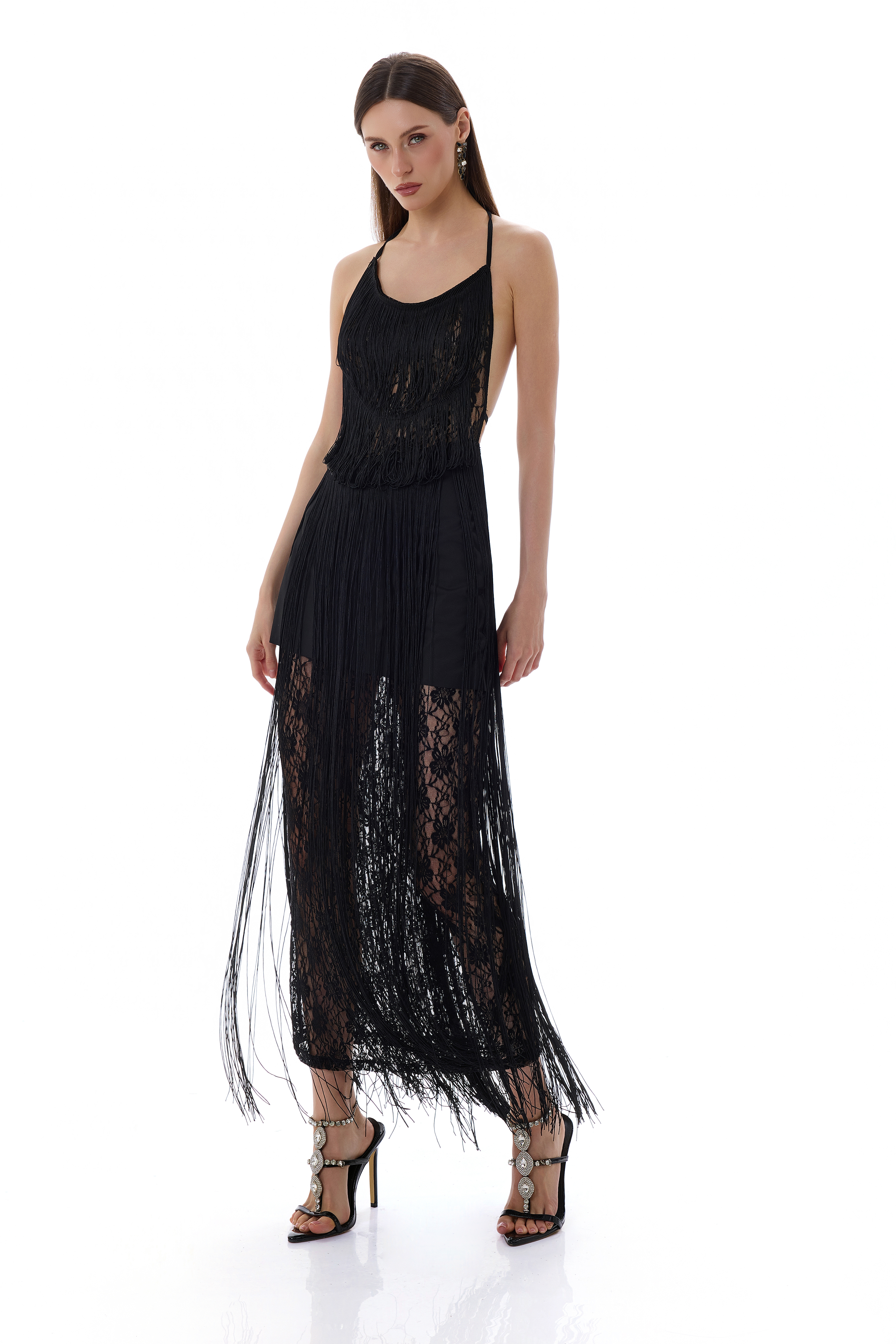 Lace See-Through Tassel Maxi Dress