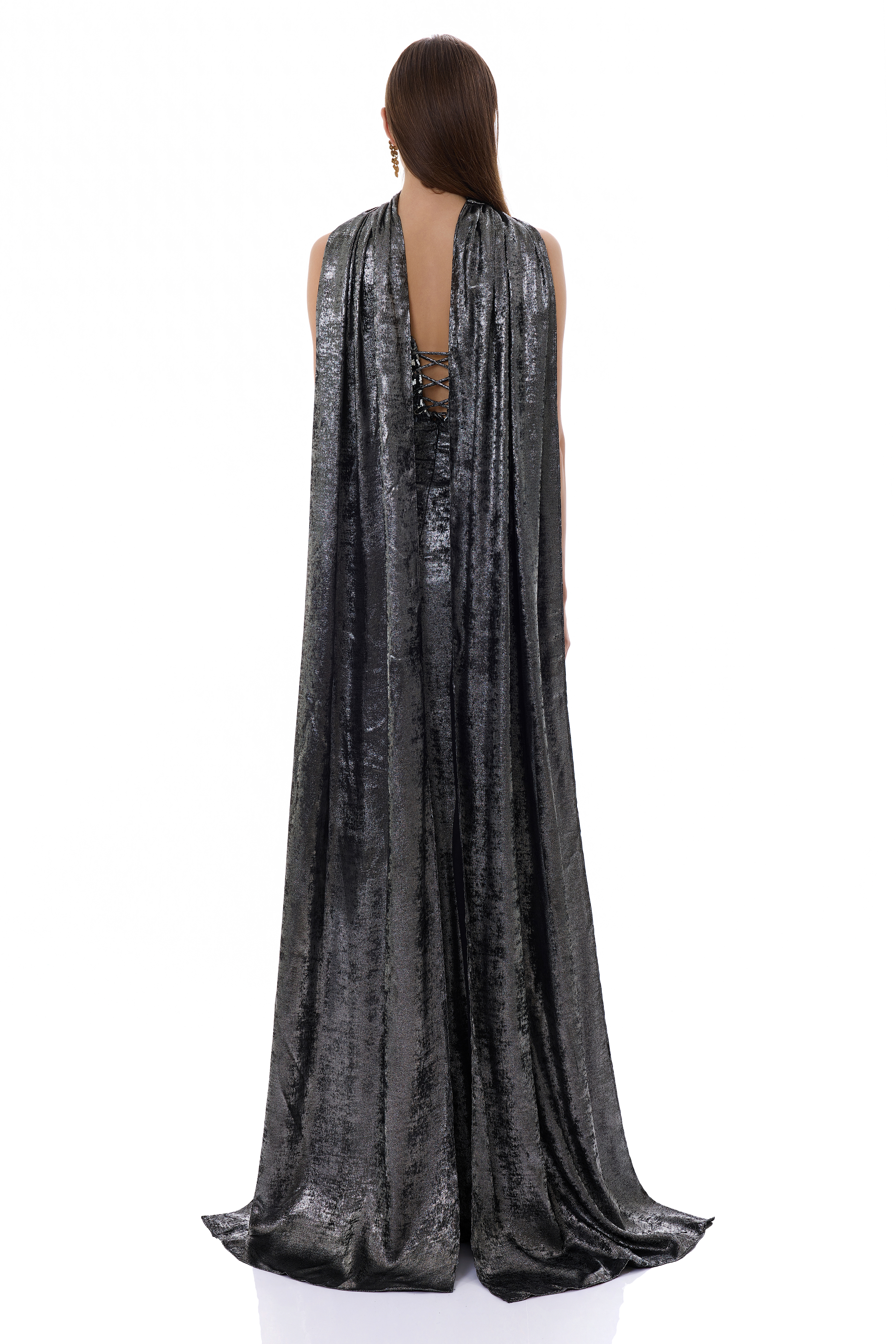 Metallic Fabric Slit Maxi Dress With Cape