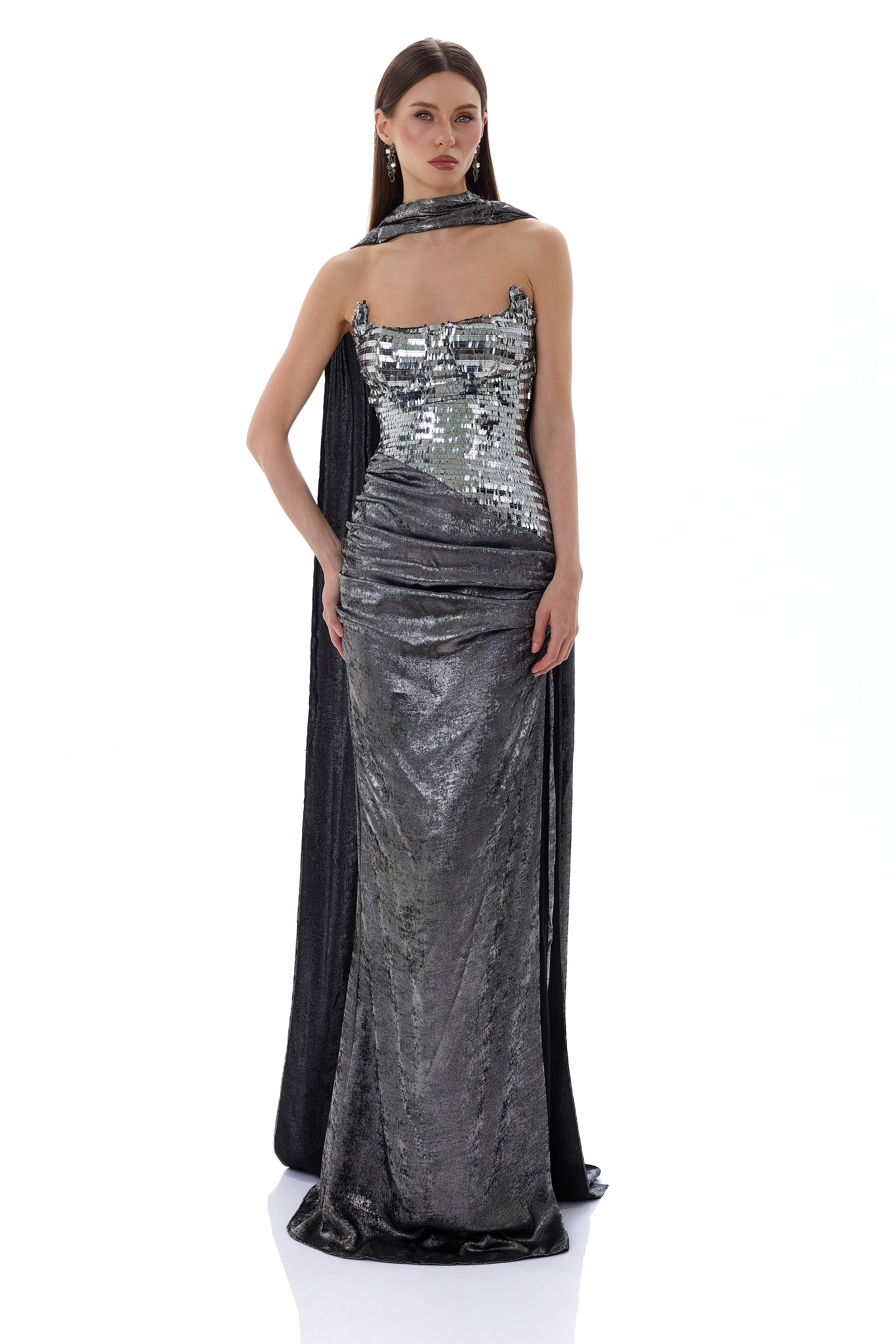 Metallic Fabric Slit Maxi Dress With Cape