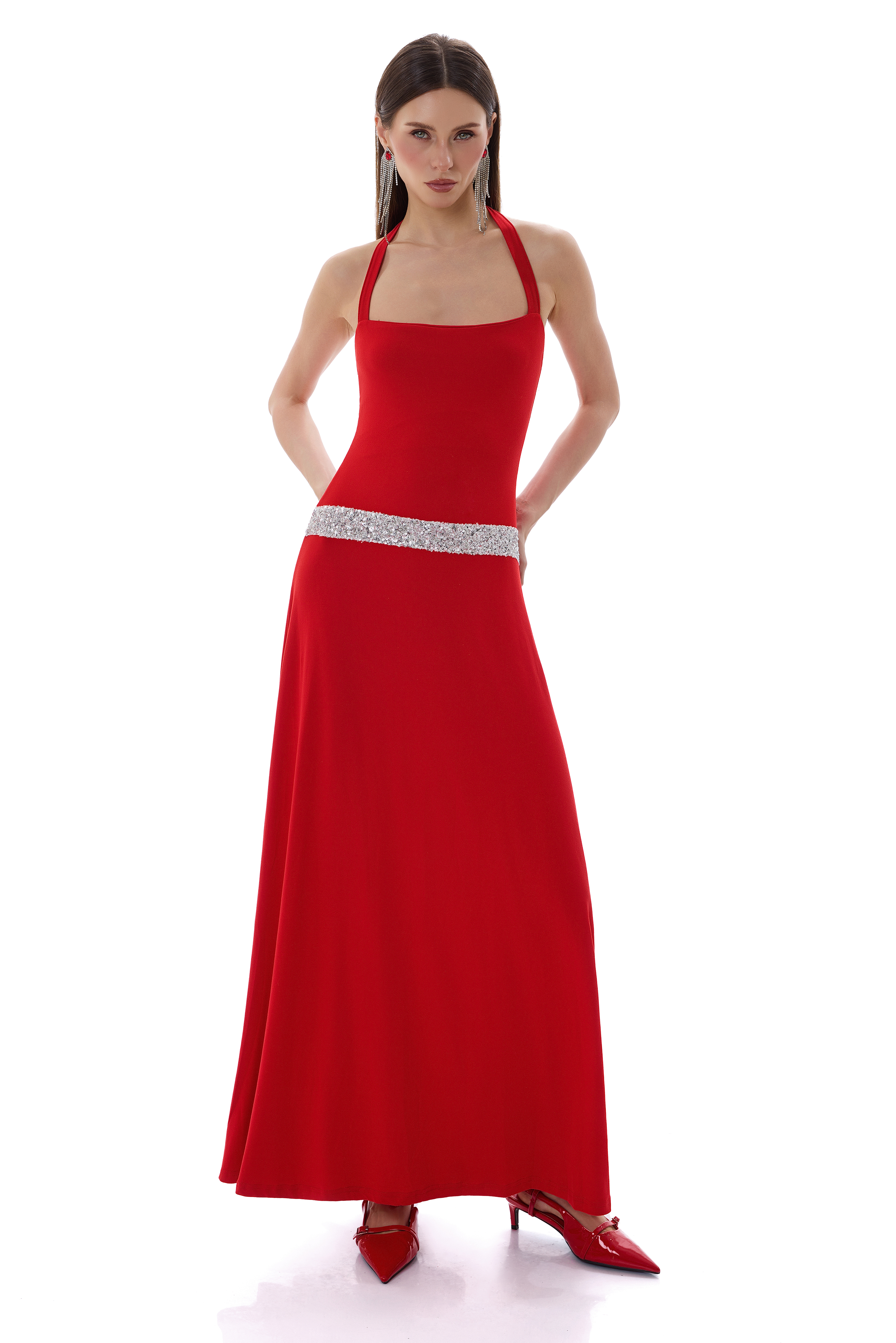 Jersey Sequin Halter Neck Maxi Dress