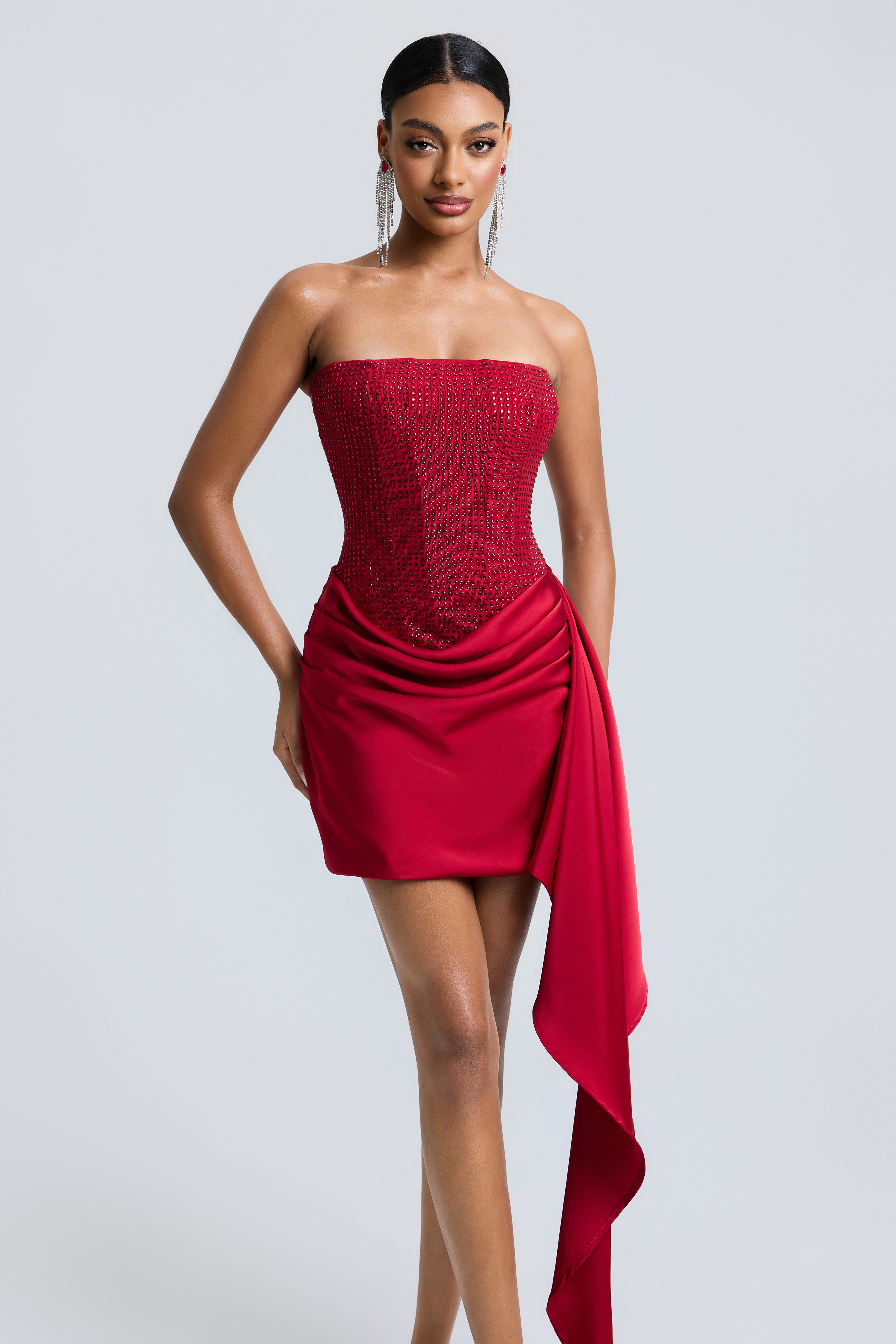Rhinestone Splicing Satin Lace-Up Mini Dress
