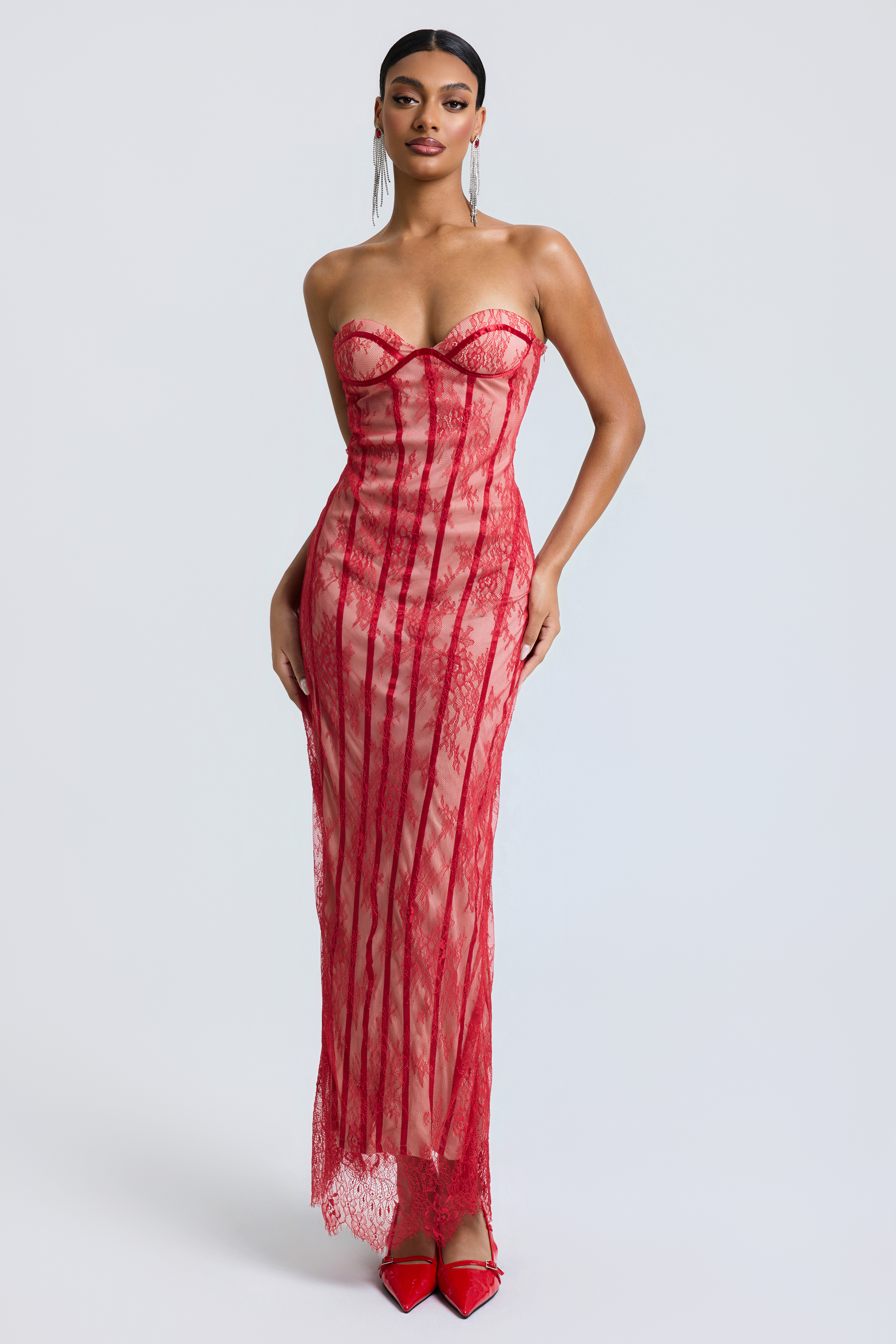Off Shoulder Lace Sweetheart Neck Maxi Dress
