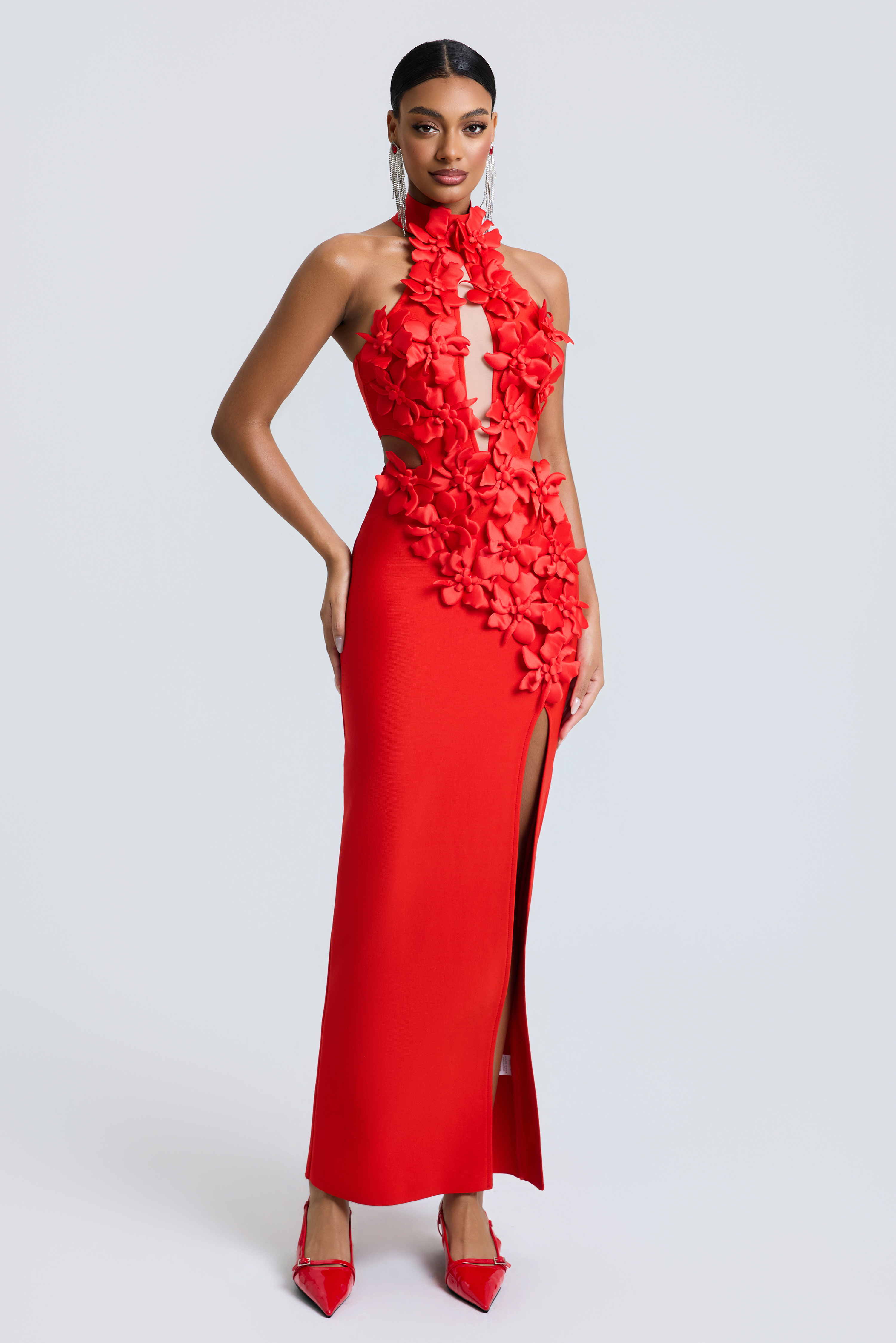 Bandage Halter Neck 3D Flower Maxi Dress