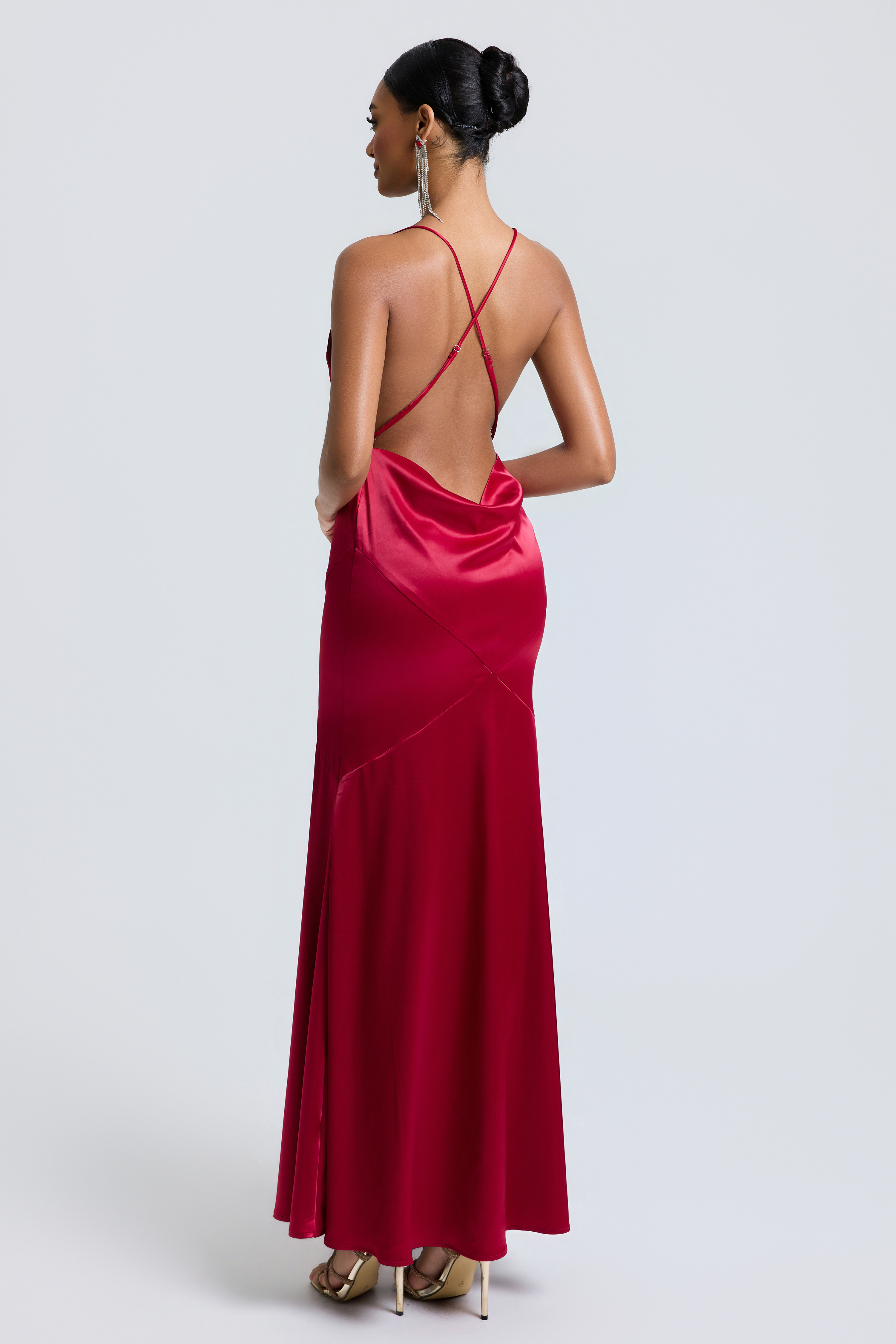 Satin Backless V-Neck Maxi Dress