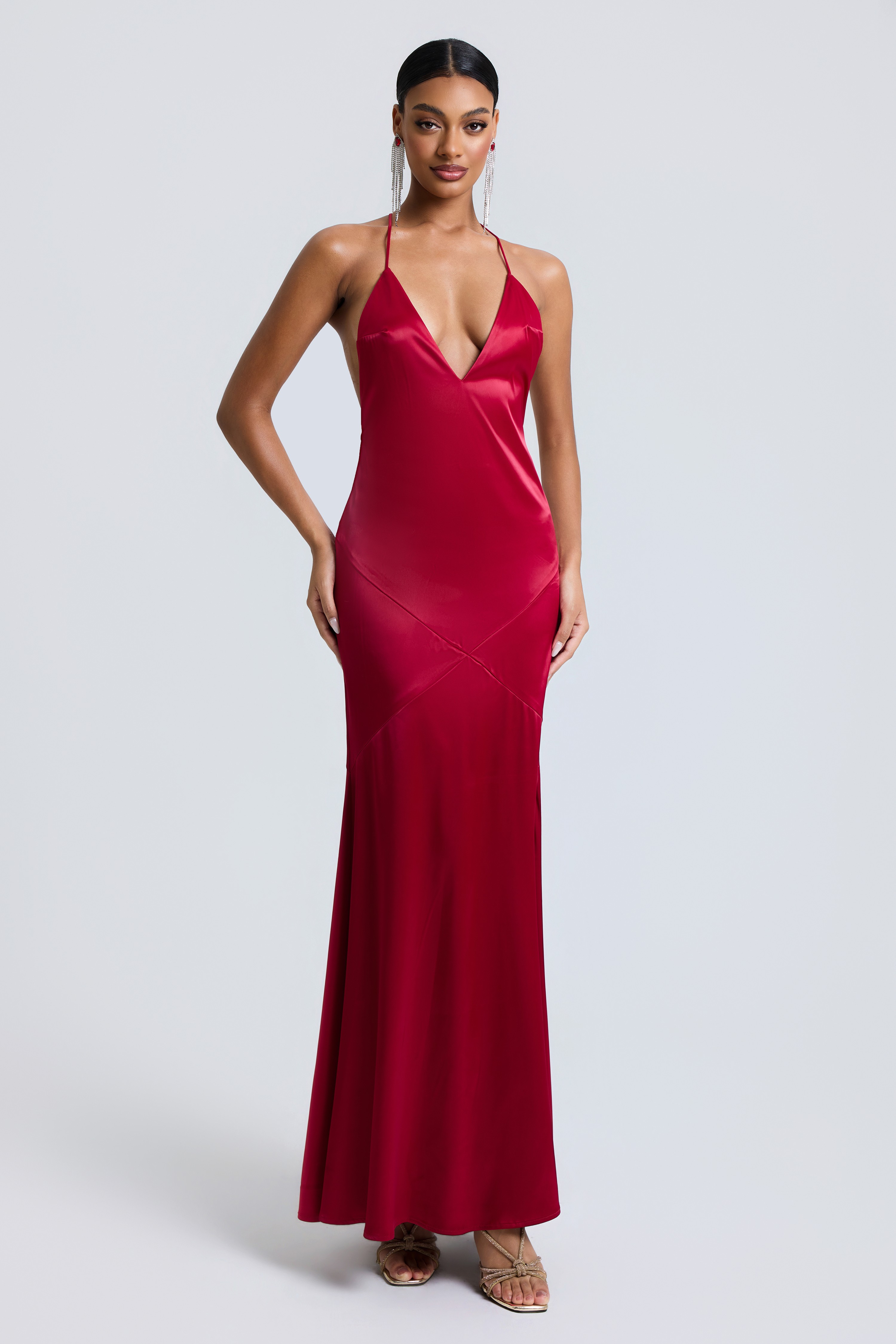 Satin Backless V-Neck Maxi Dress