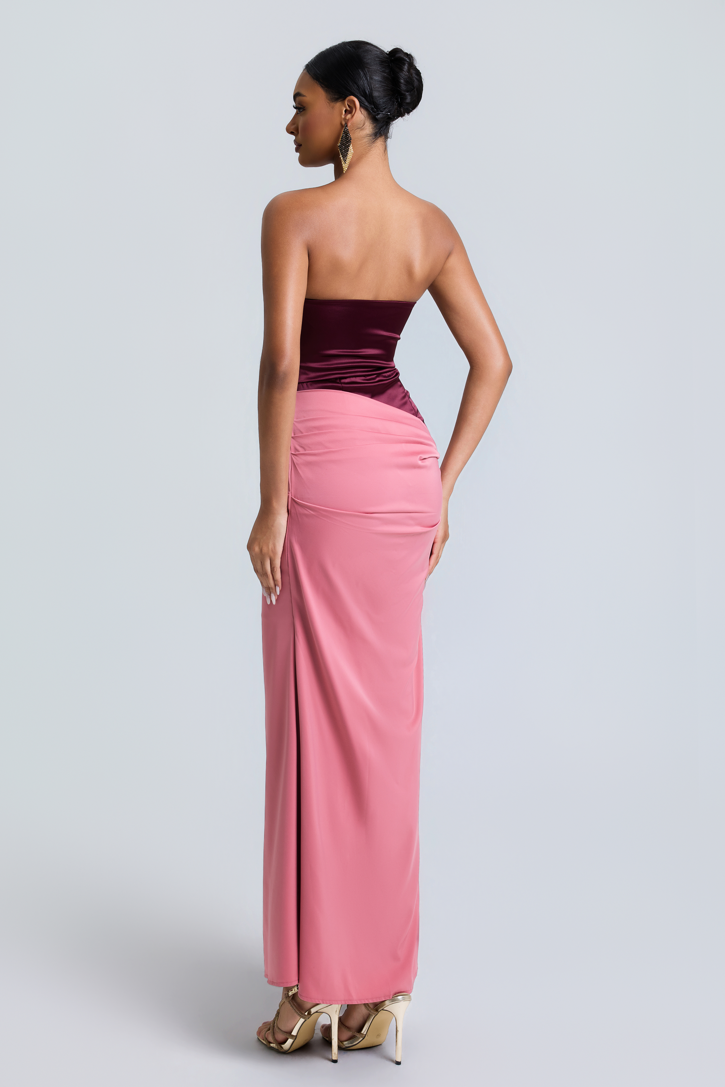 Satin Contrast Color Off Shoulder Maxi Dress
