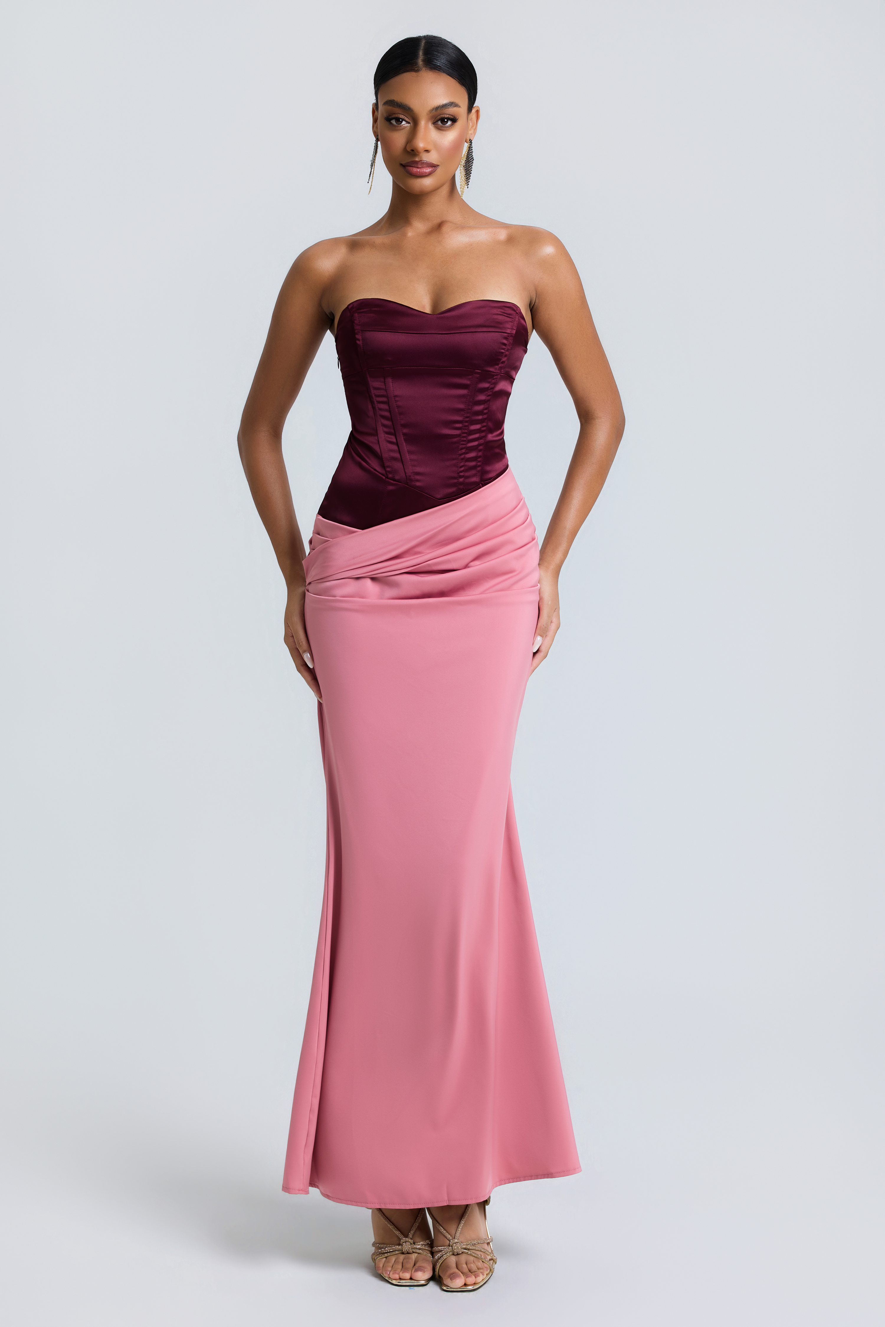 Satin Contrast Color Off Shoulder Maxi Dress