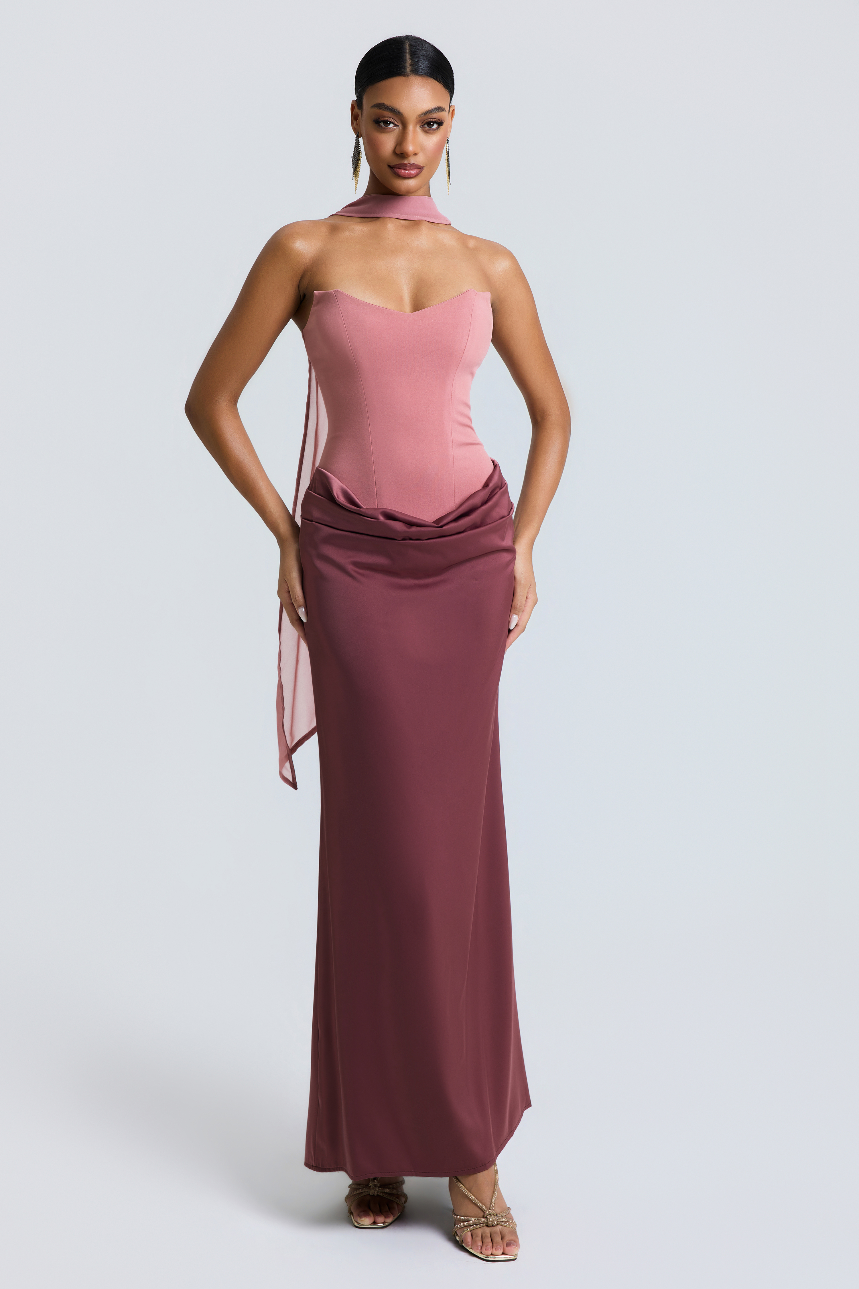 Jersey Splicing Satin Tie-Up Maxi Dress