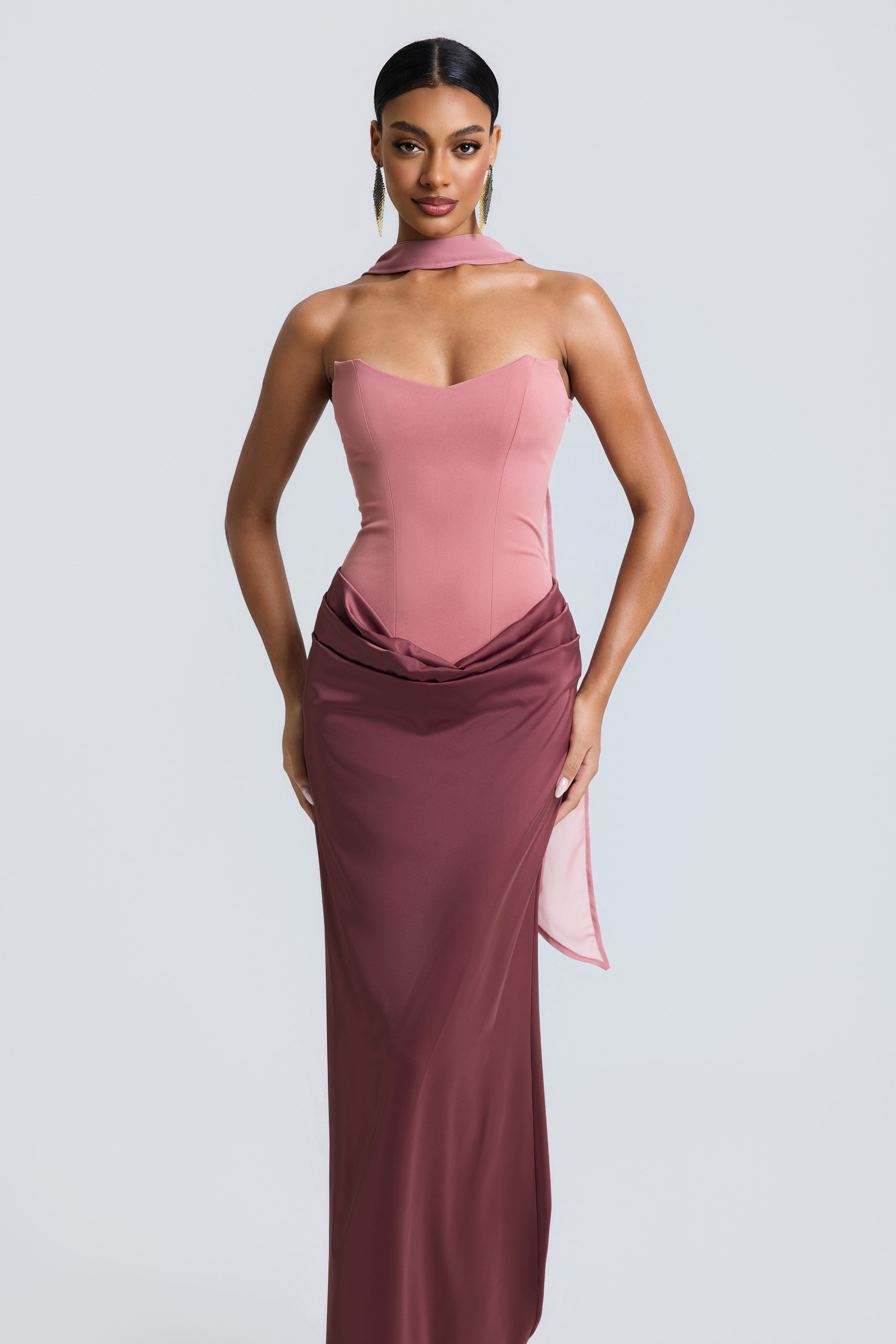 Jersey Splicing Satin Tie-Up Maxi Dress – Violet Aurora