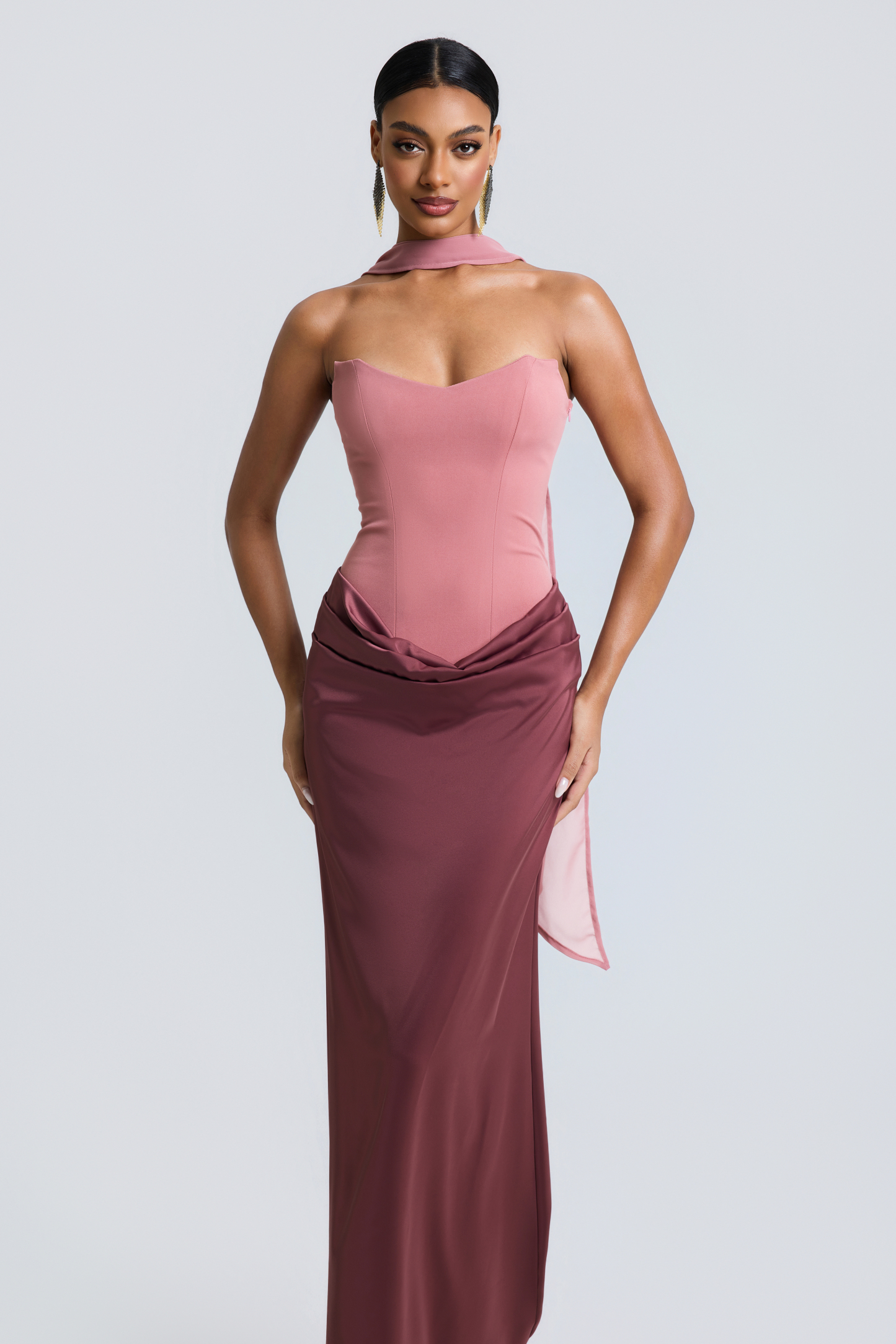 Jersey Splicing Satin Tie-Up Maxi Dress