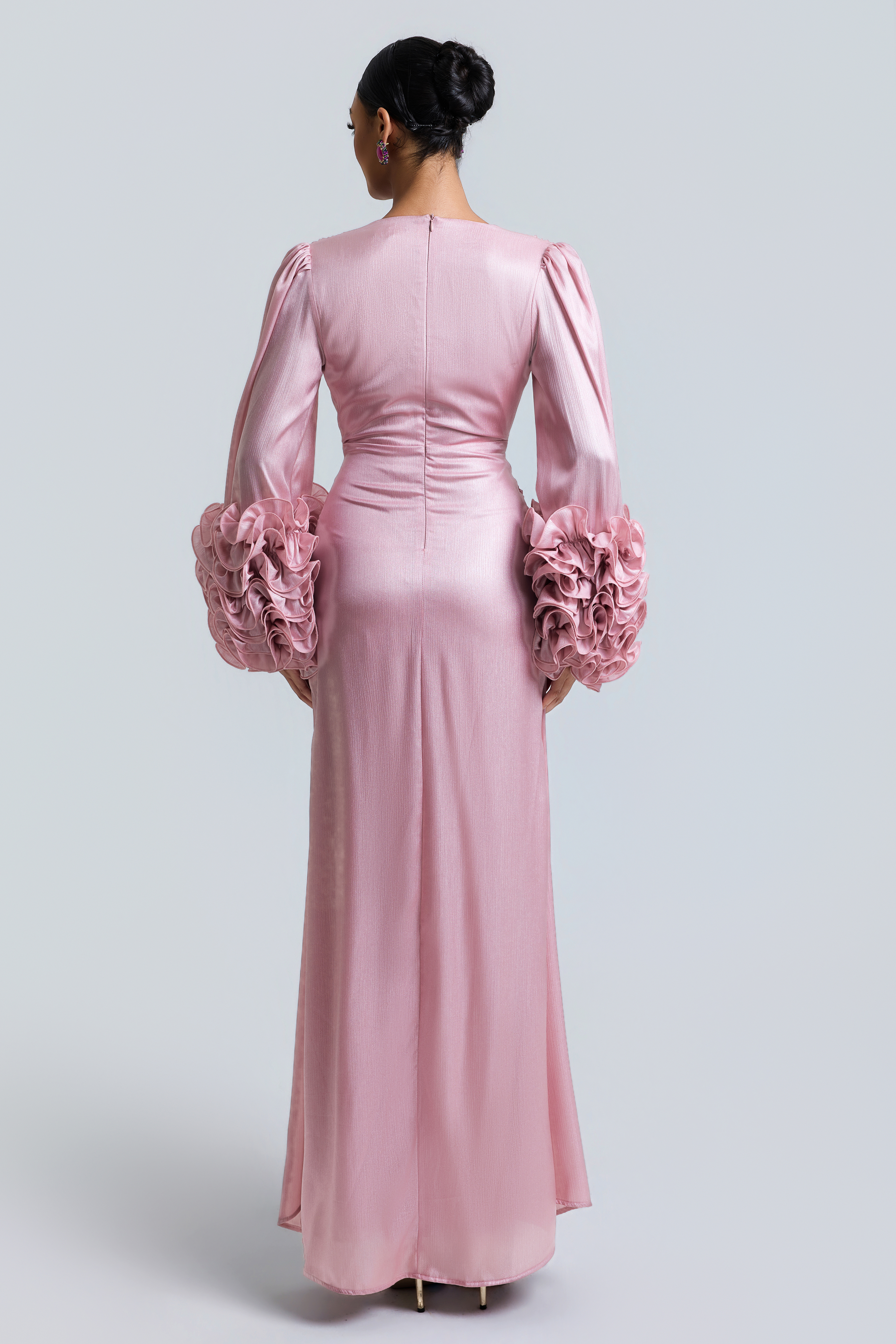 Satin Ruffle Gathering Slit Maxi Dress
