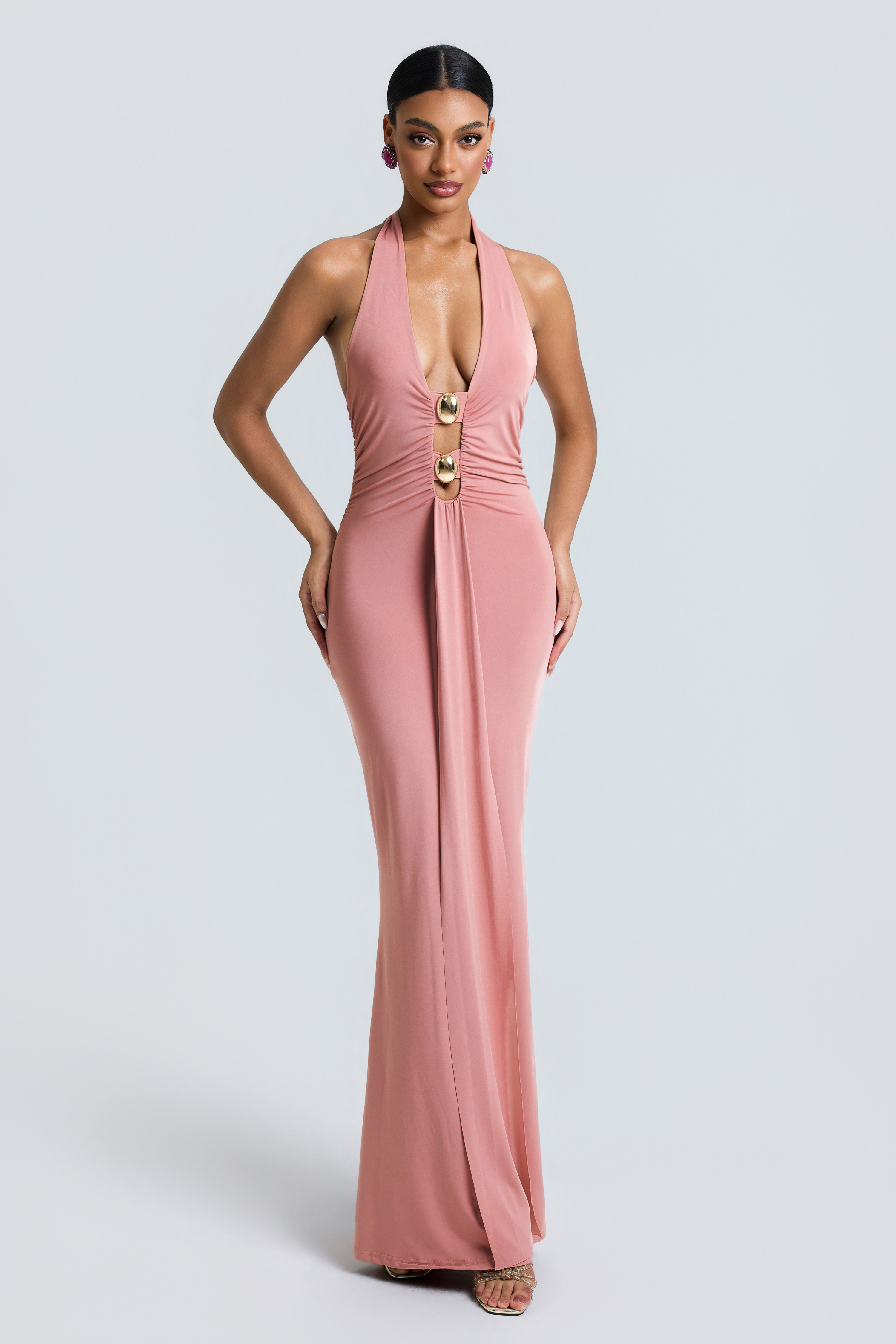 Jersey Metal Decorations Halter Neck Maxi Dress