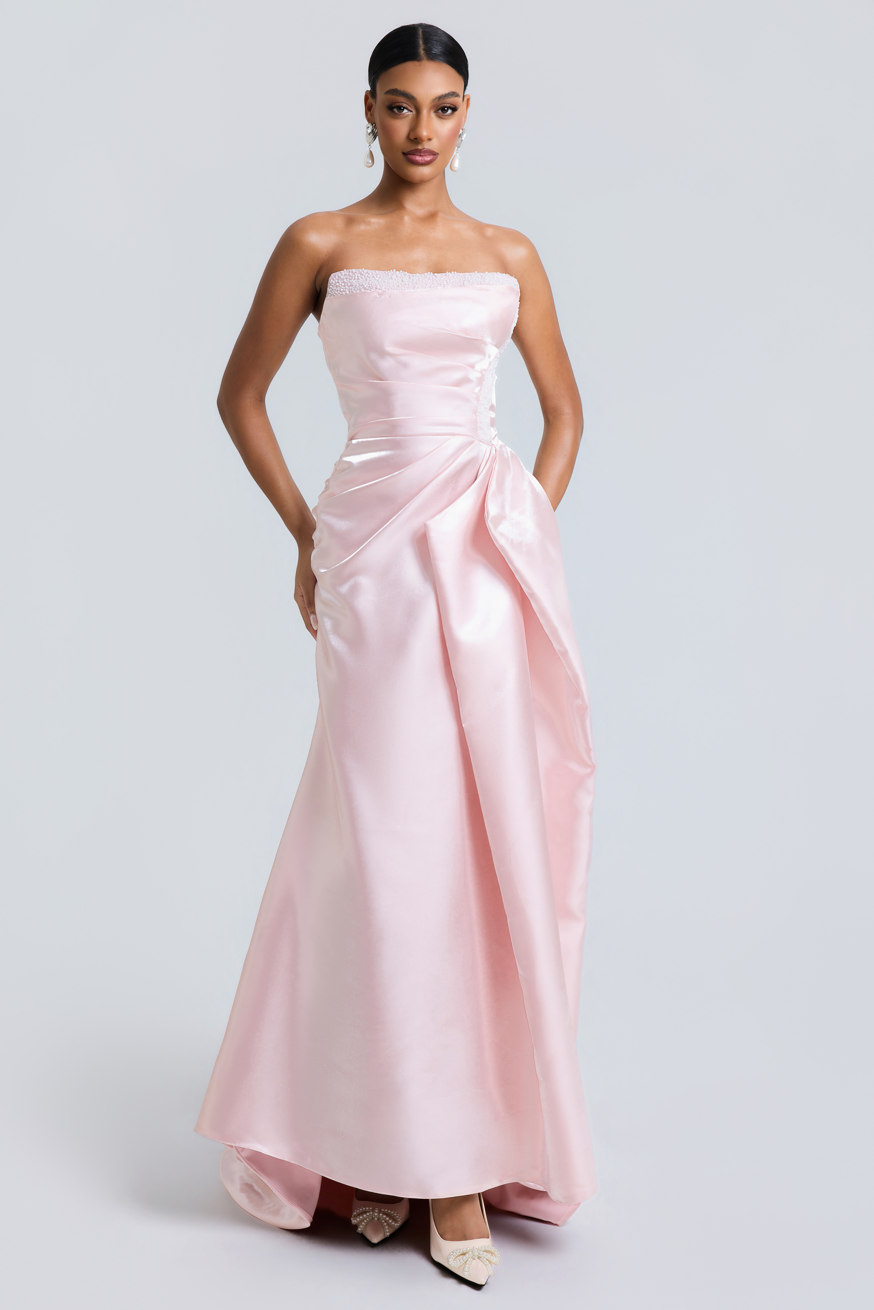 Satin Rivet Off-Shoulder Maxi Dress