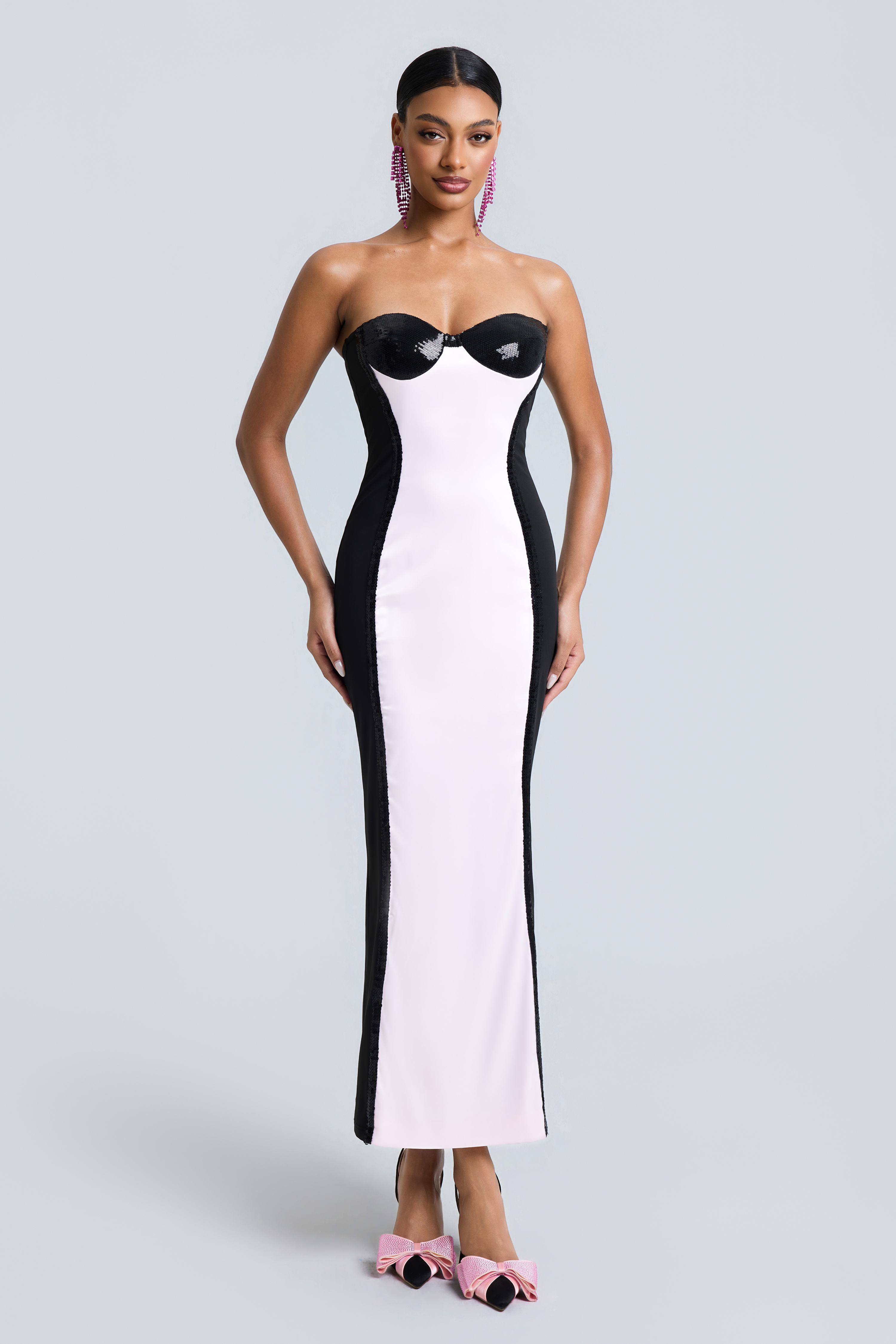 Sequin Splicing Satin Off-Shoulder Maxi Dress
