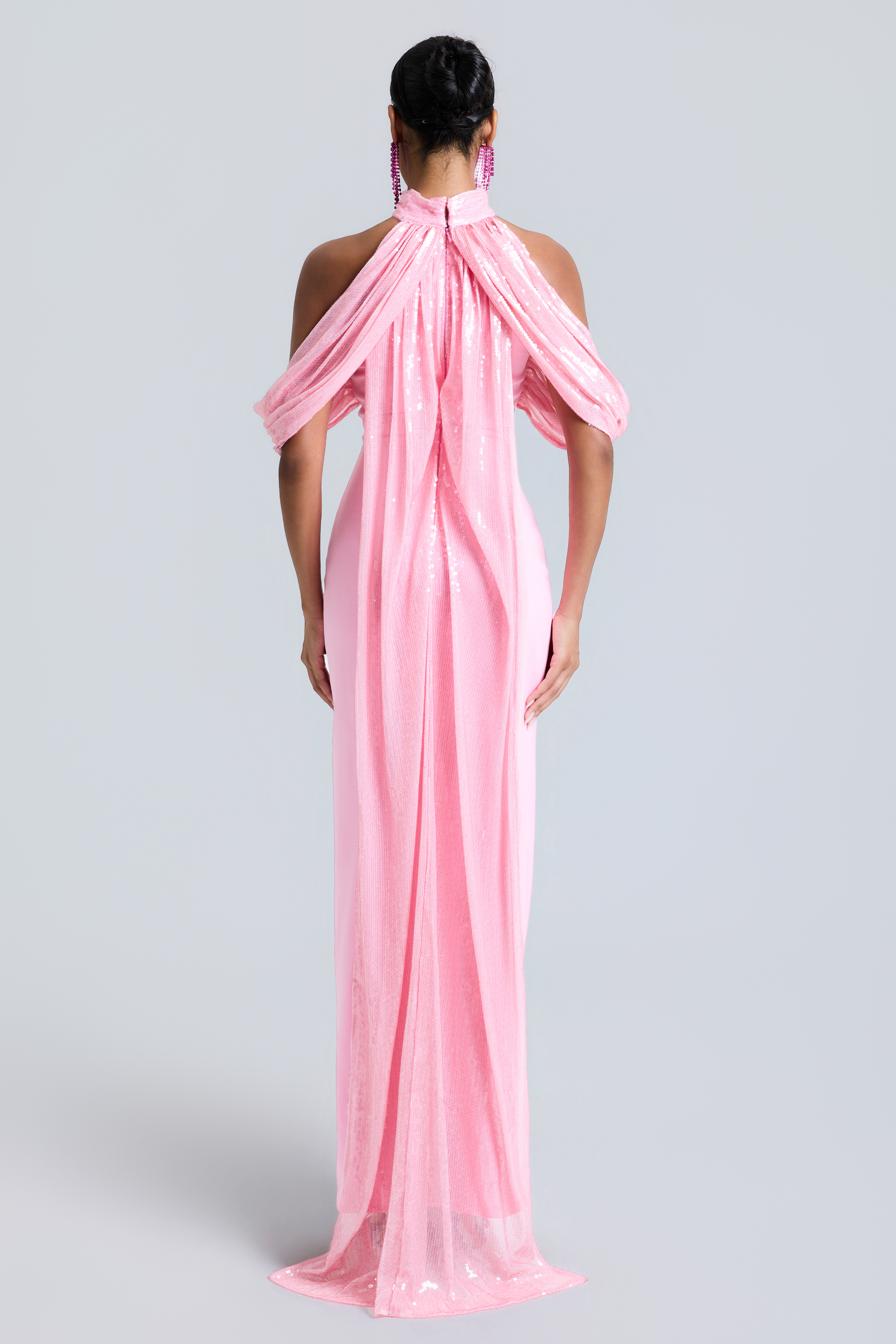 Sequin Cape Sleeve Off-Shoulder Maxi Dress