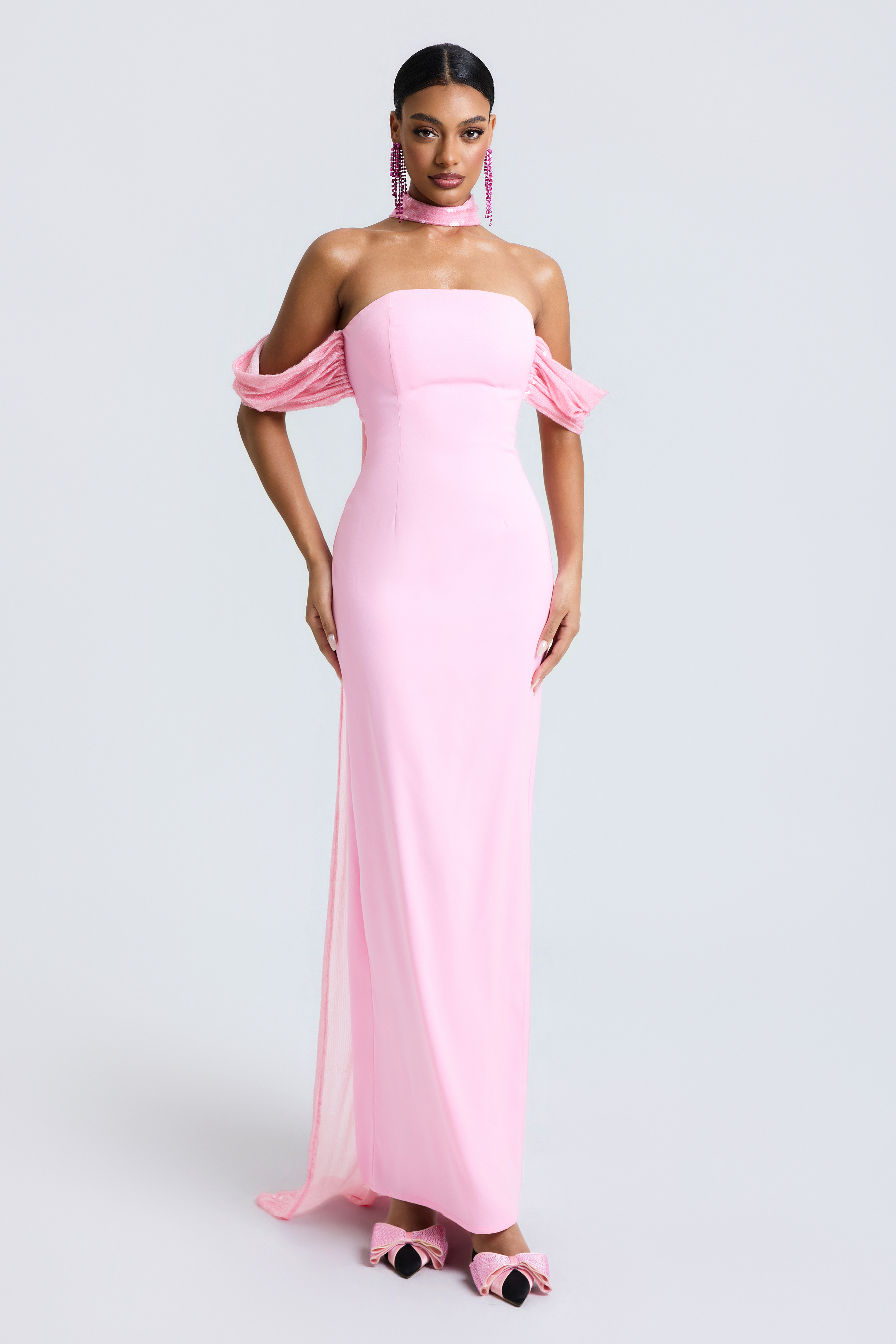 Sequin Cape Sleeve Off-Shoulder Maxi Dress