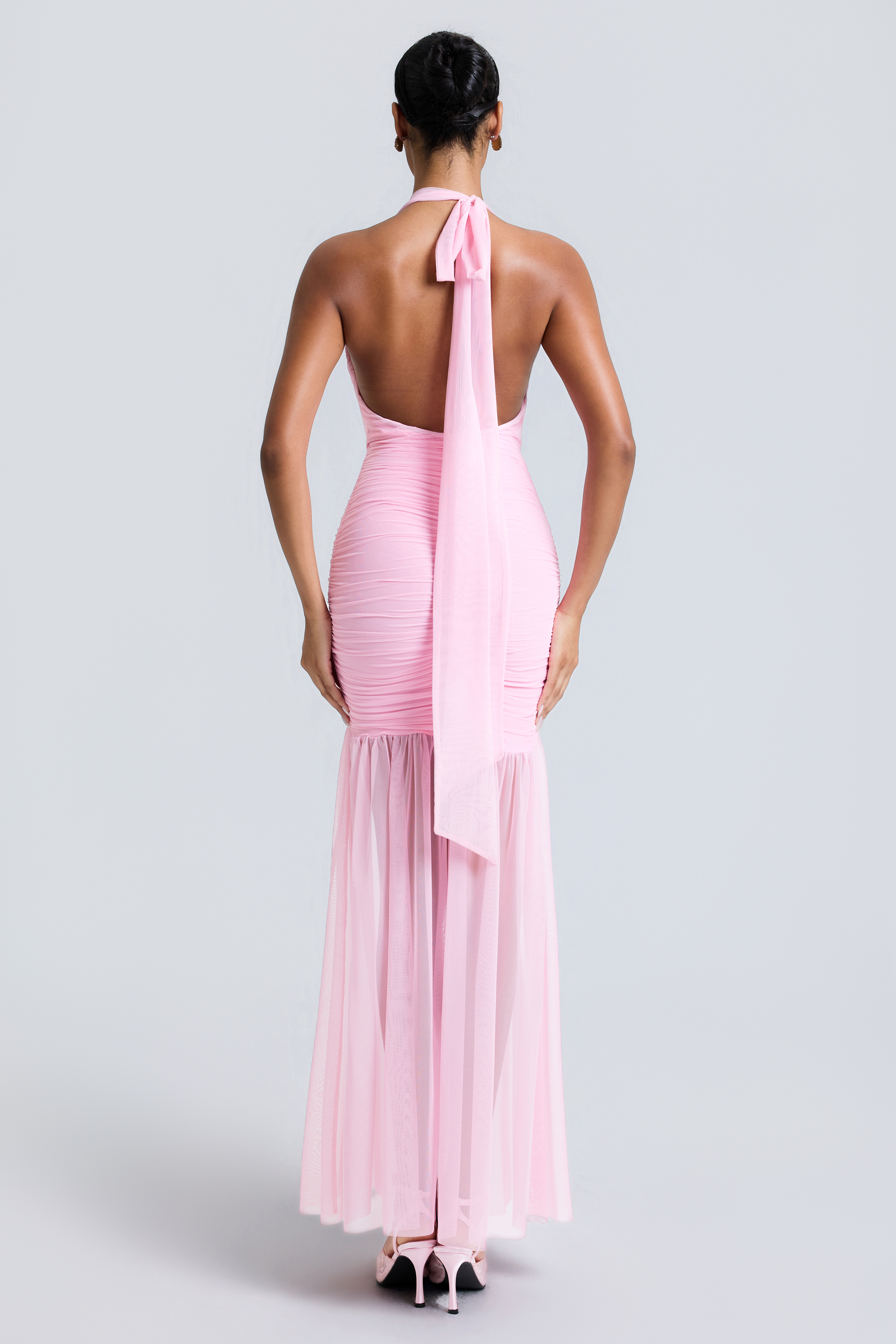 Mesh Halter Neck Gathering Maxi Dress