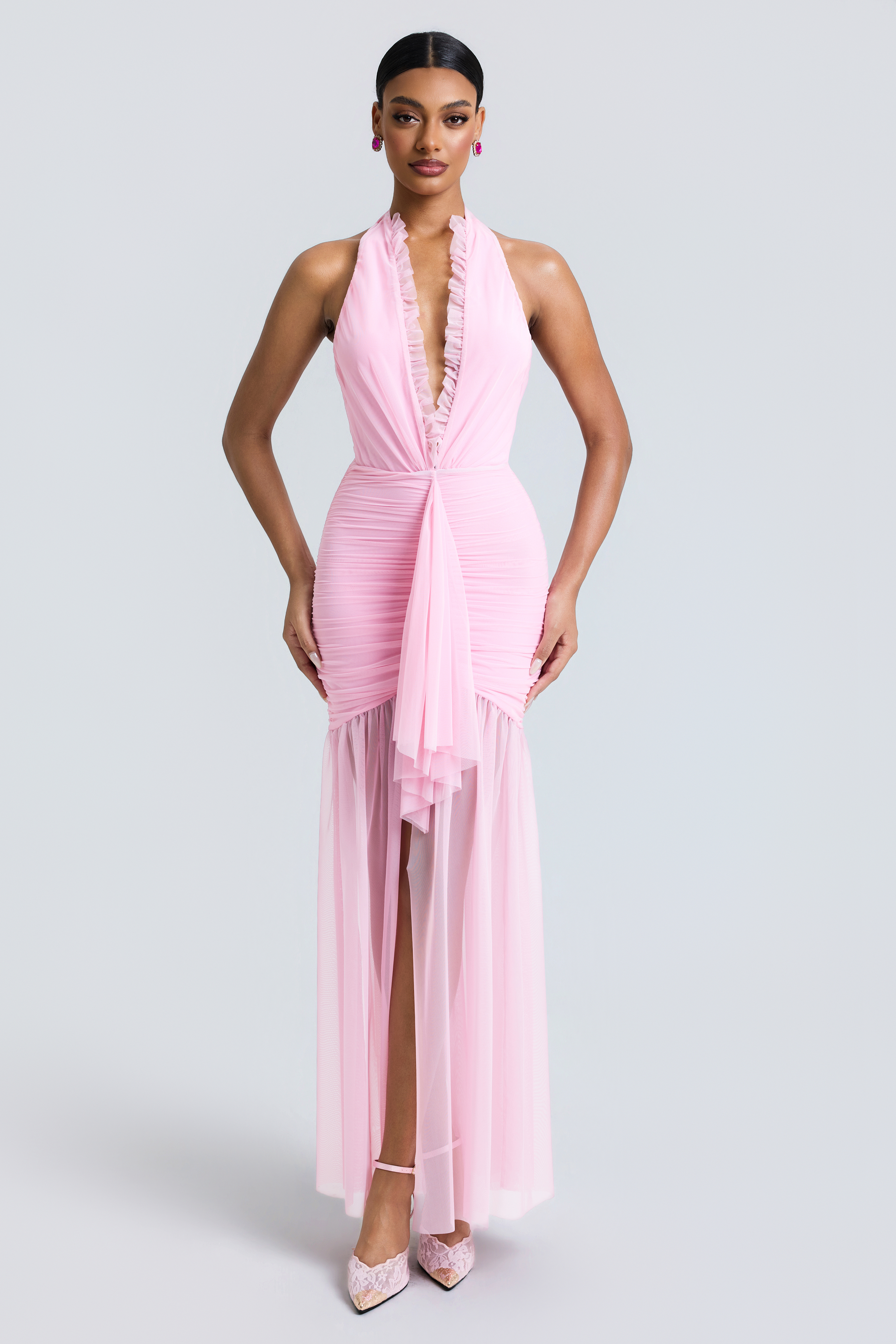 Mesh Halter Neck Gathering Maxi Dress