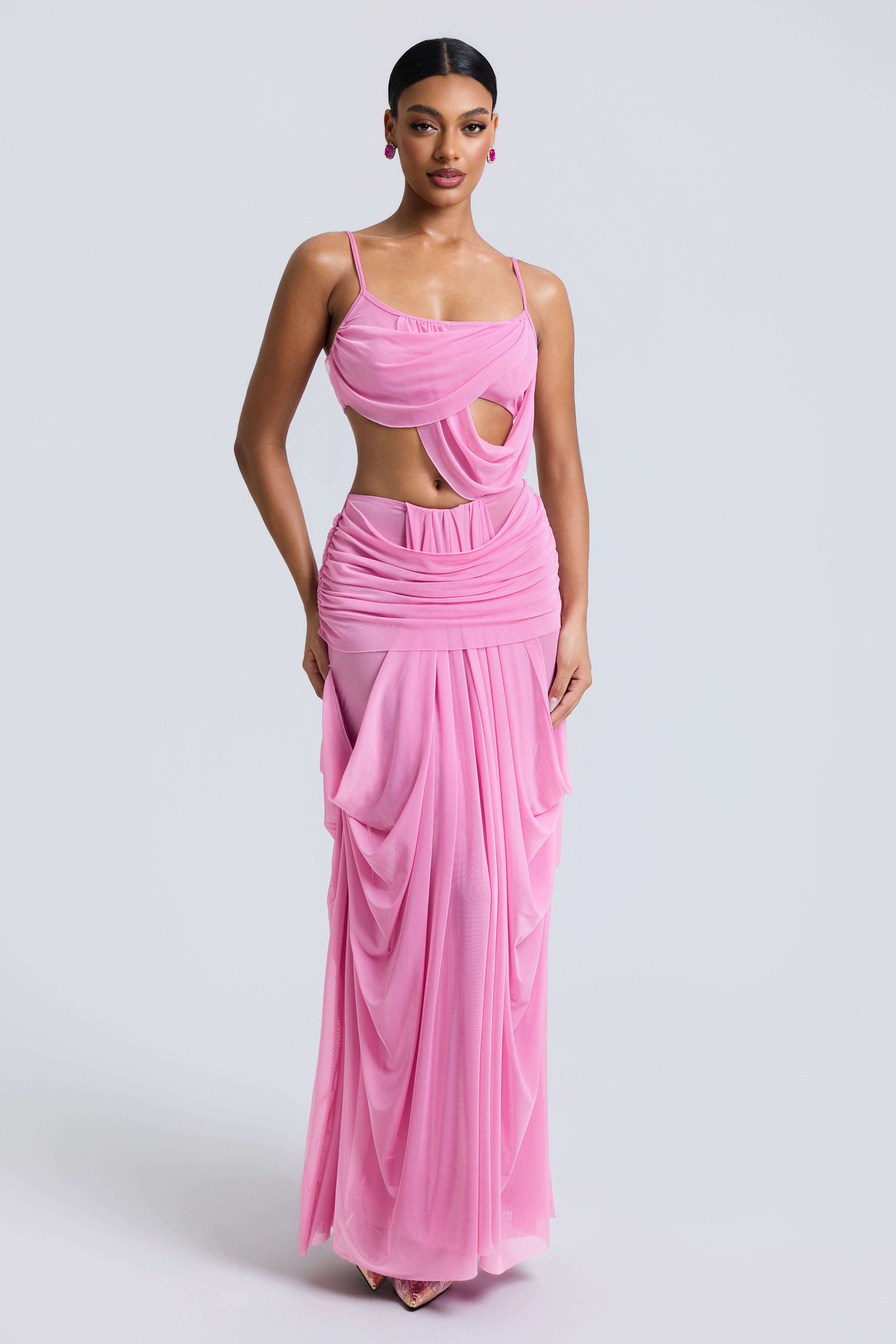Mesh See-Through Slip Top & High Waist Maxi Skirt Set