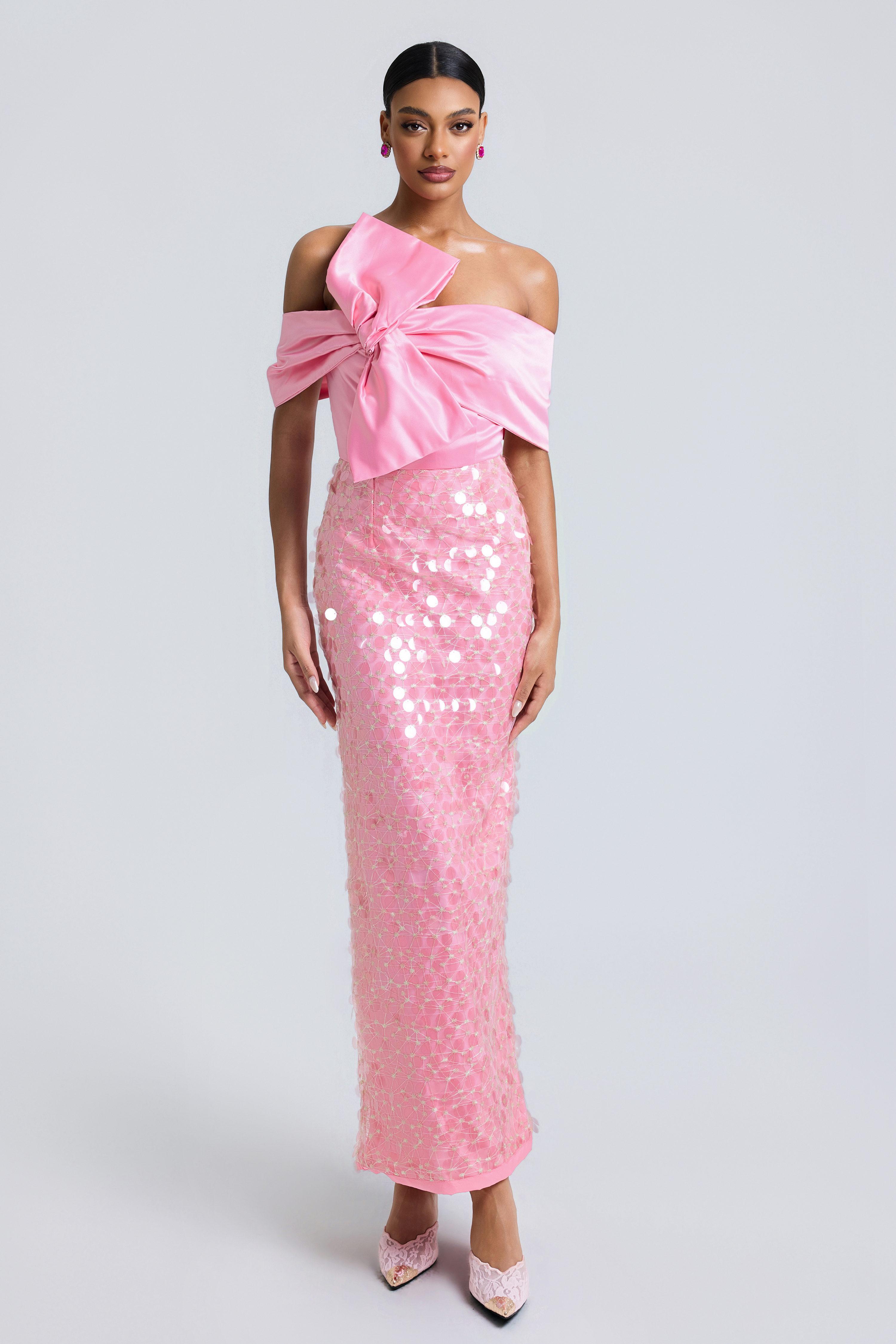 Bow Satin Splicing Sequin Maxi Dress