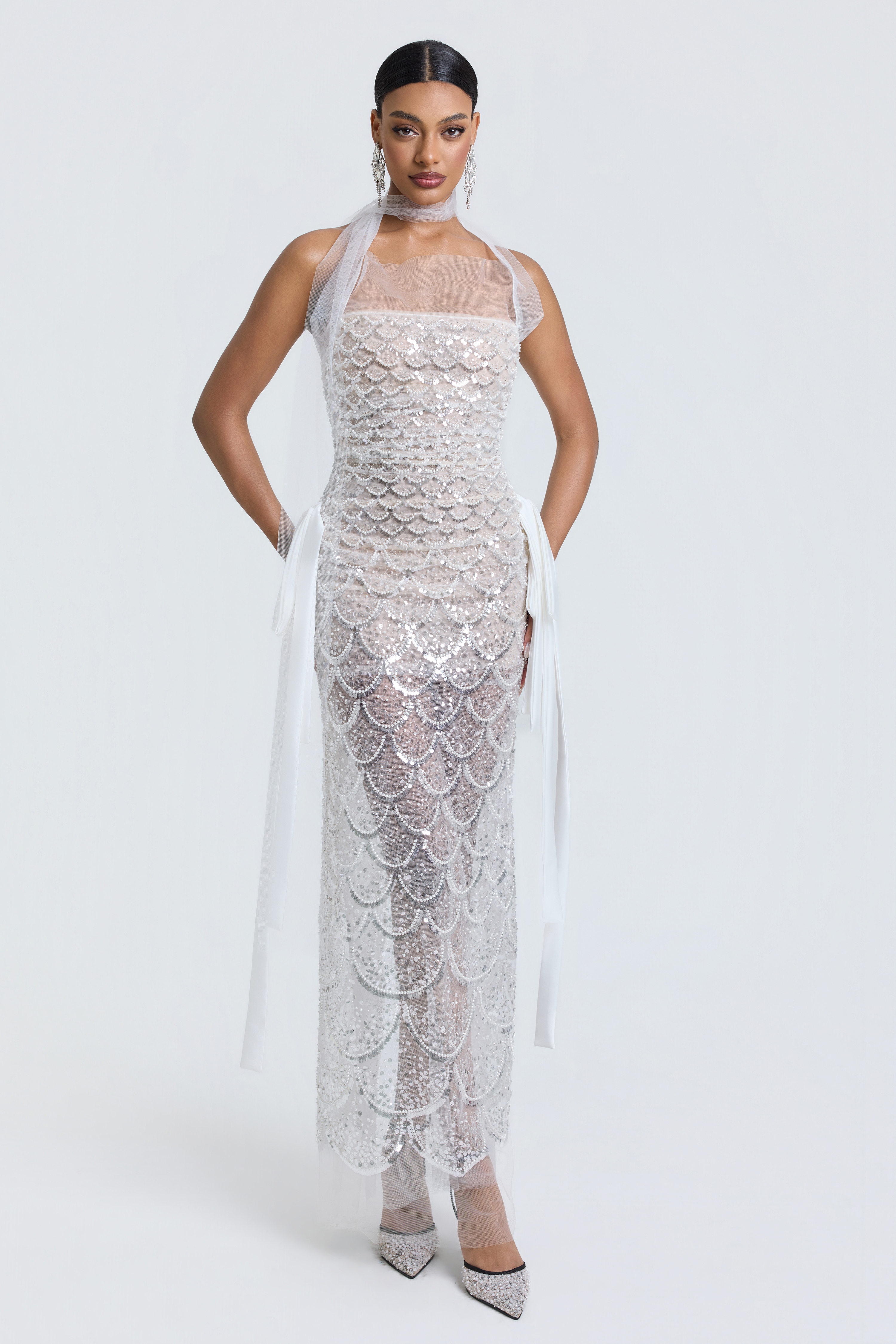 Mesh Rivet Tie-Up Maxi Dress