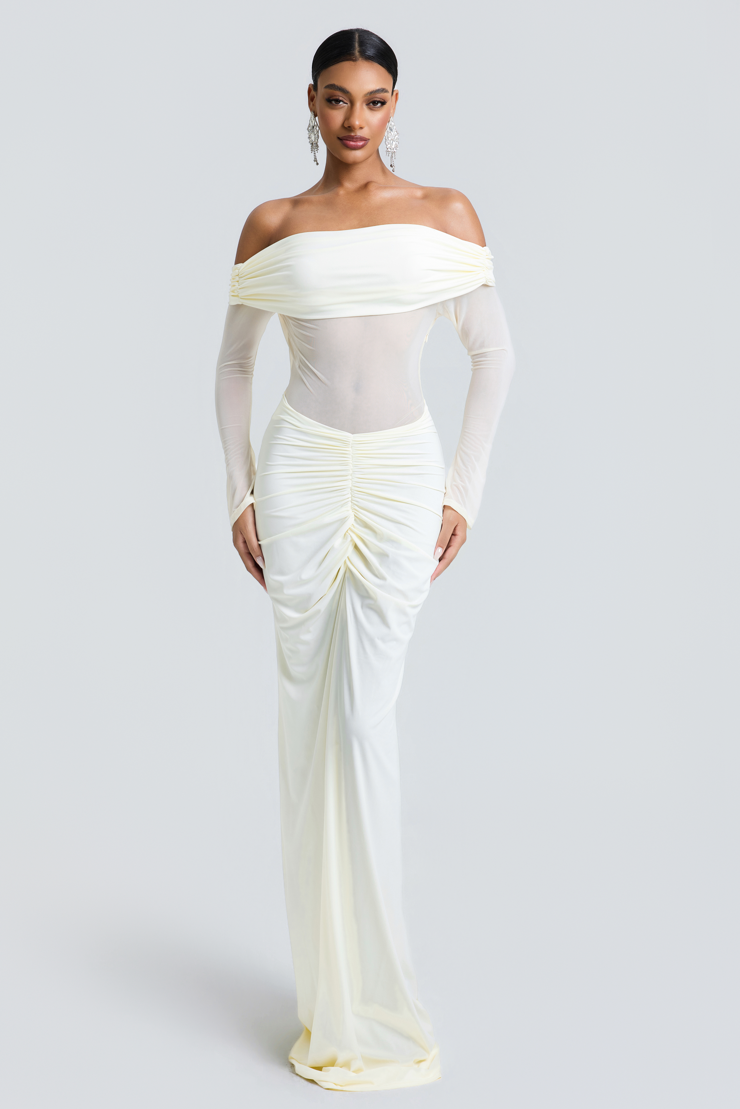 Off-Shoulder Long Sleeve Ruched Maxi Dress