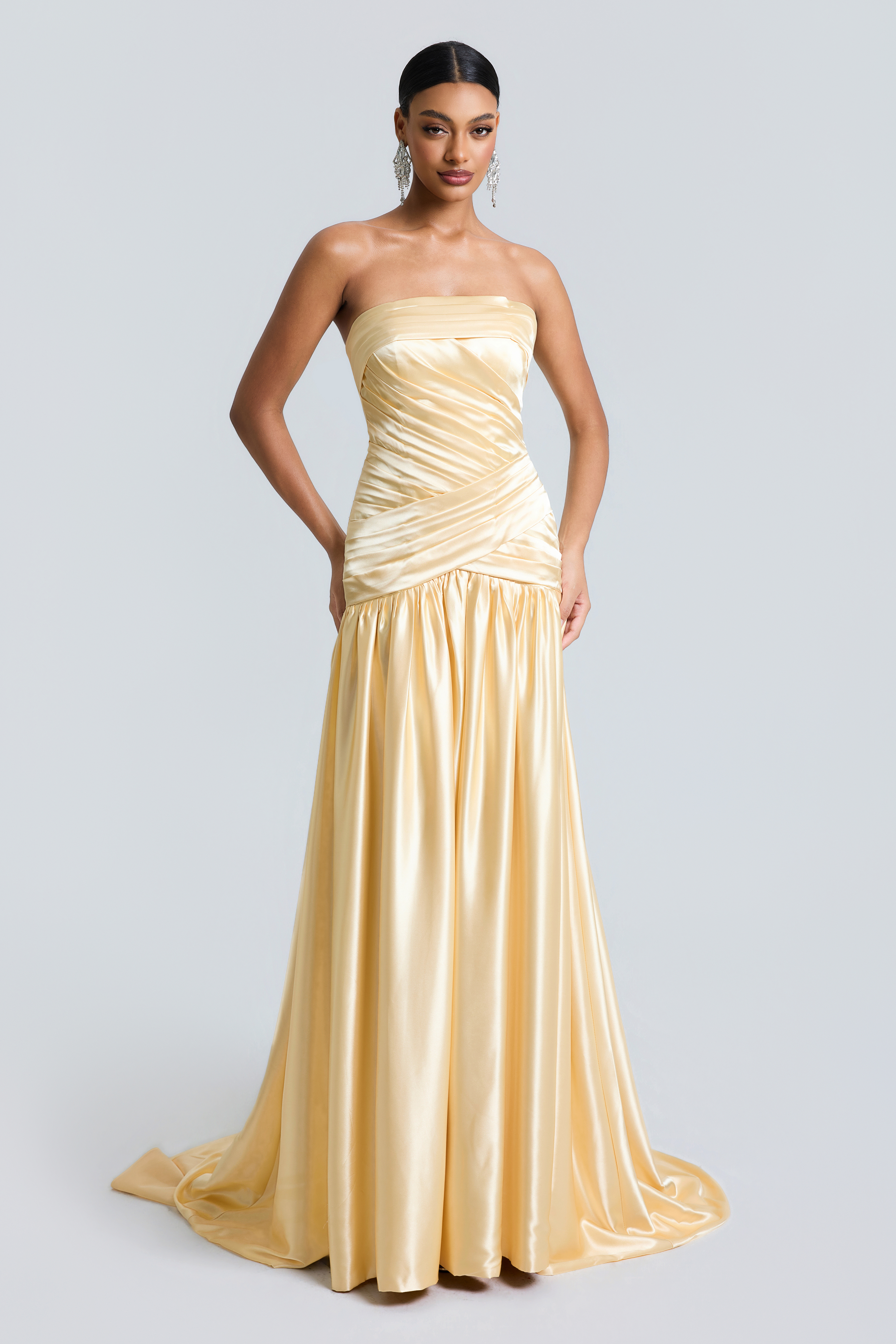 Satin Off Shoulder  Pleated Maxi Dress