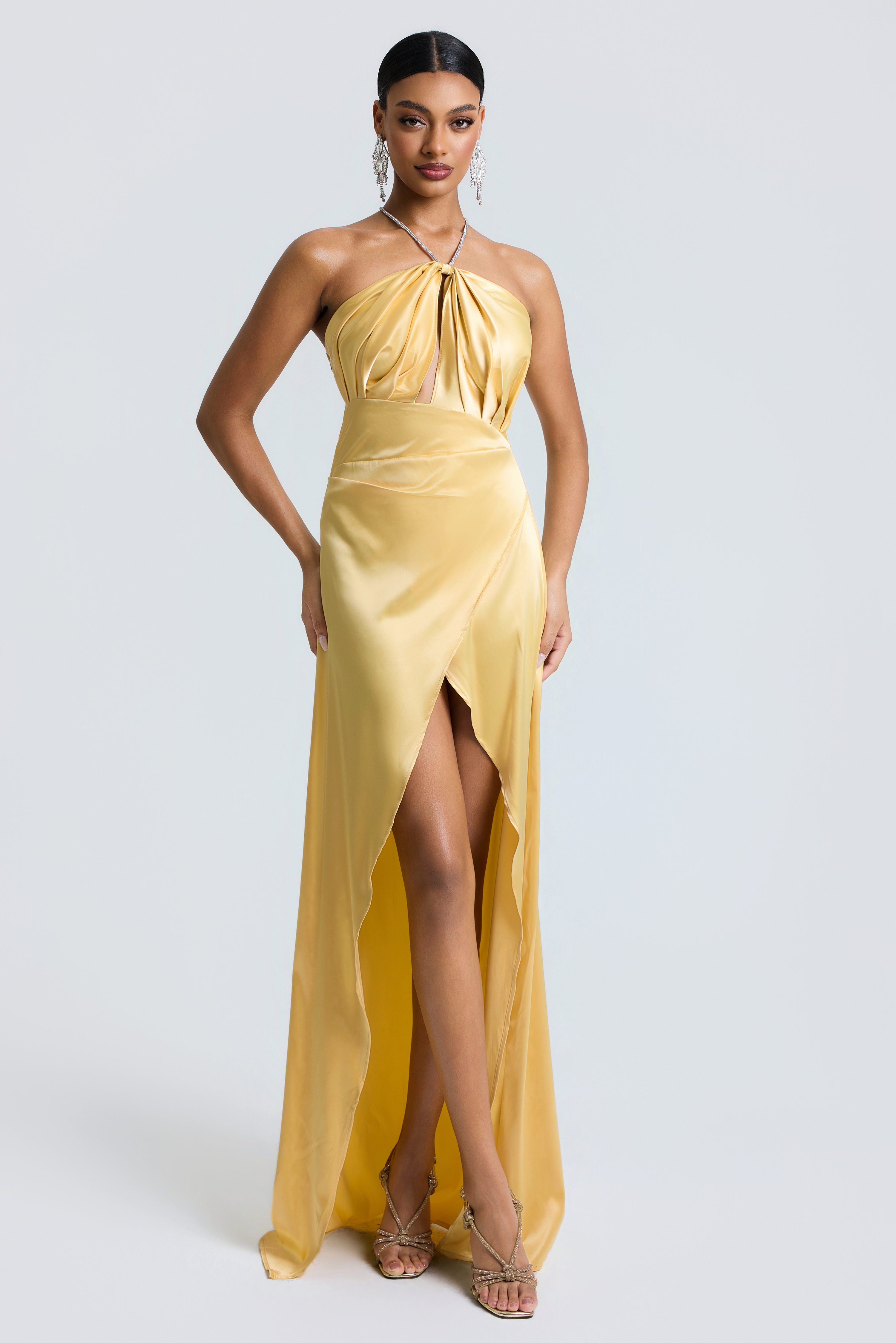 Rhinestone Halter Neck Slit Maxi Dress