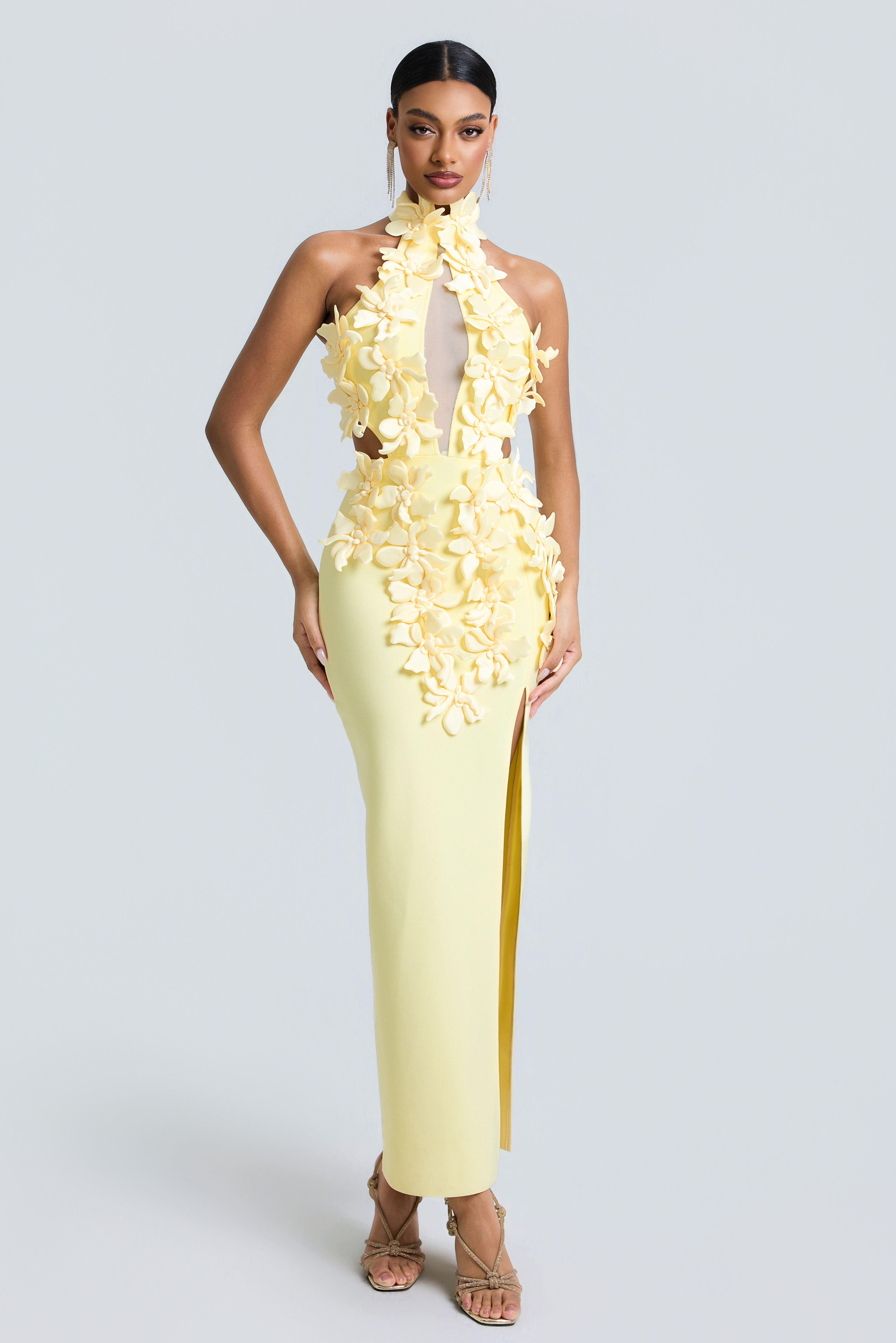 Bandage Halter Neck 3D Flower Maxi Dress