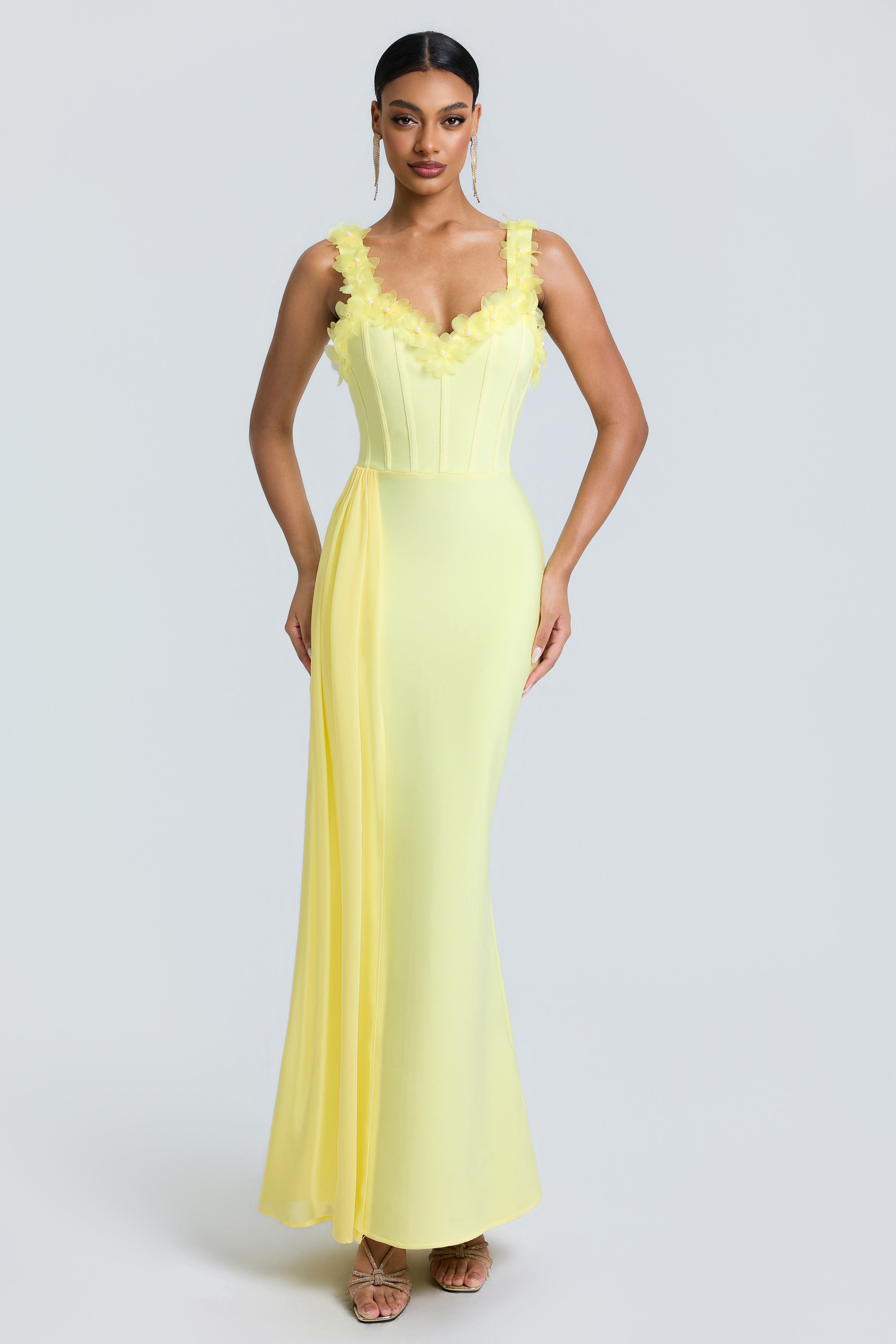 Solid Faux Pearl 3D Flower Maxi Dress