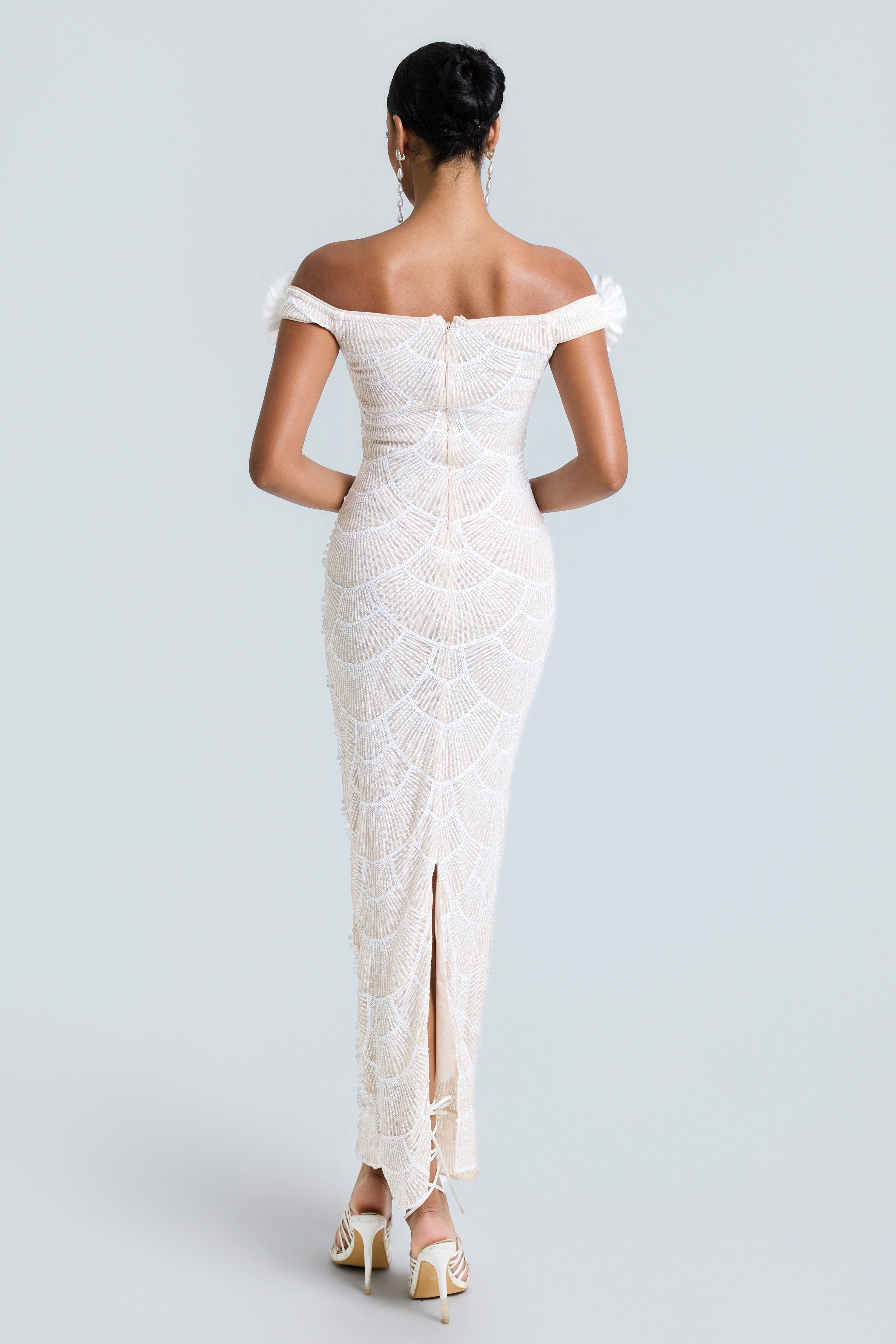 Sequin Faux Pearl 3D Flower Maxi Dress