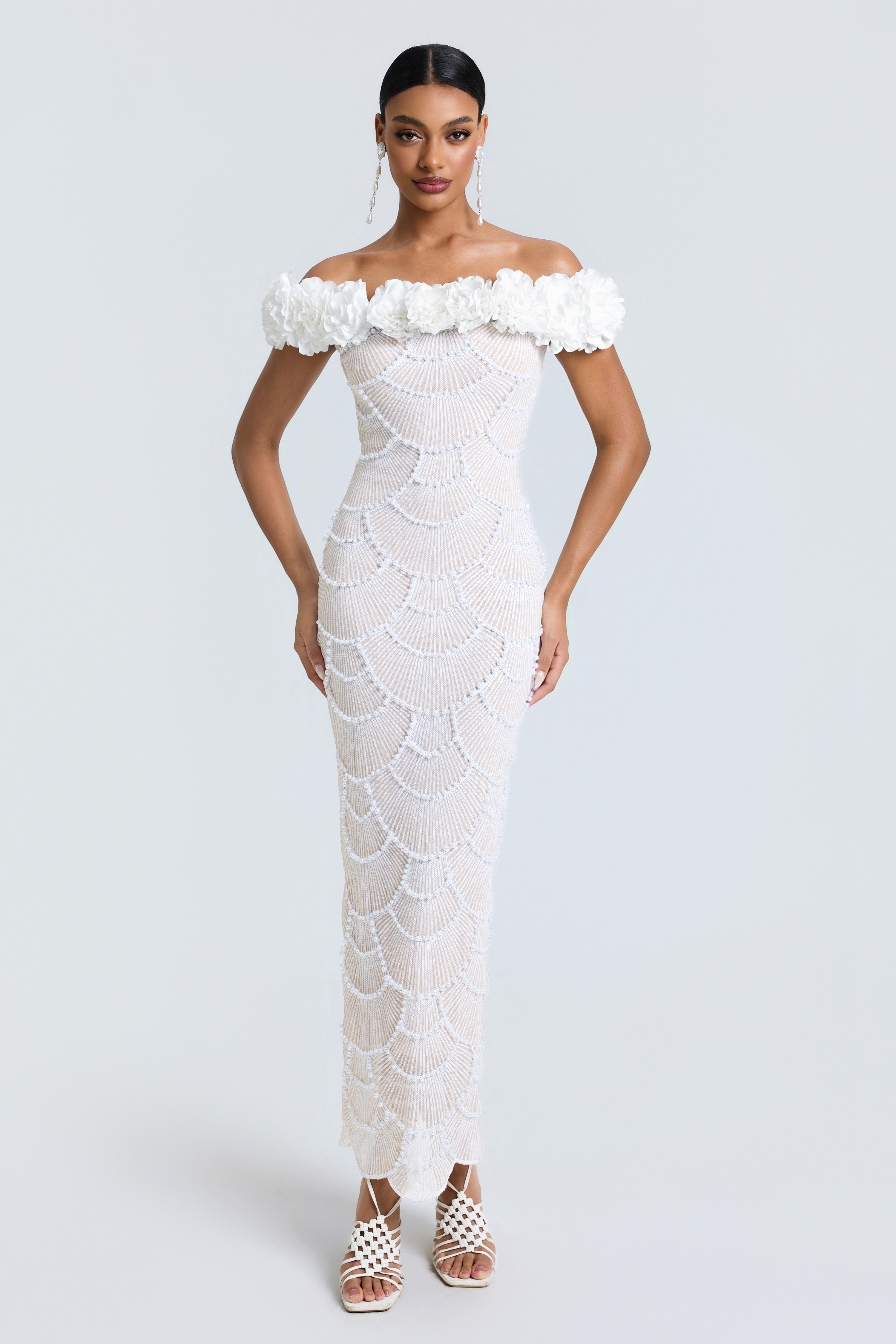 Sequin Faux Pearl 3D Flower Maxi Dress