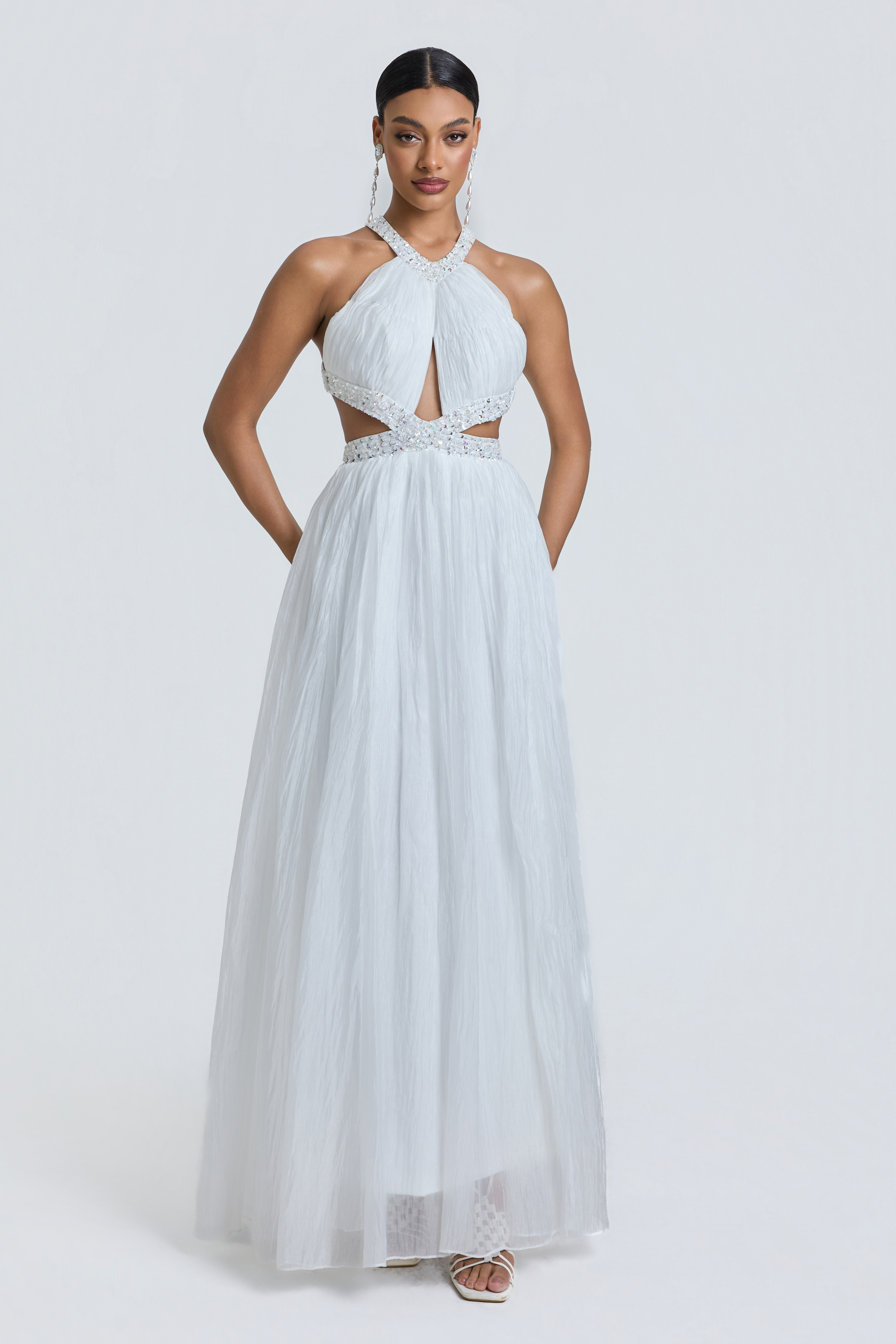 Rivet Halter Neck Backlss Maxi Dress