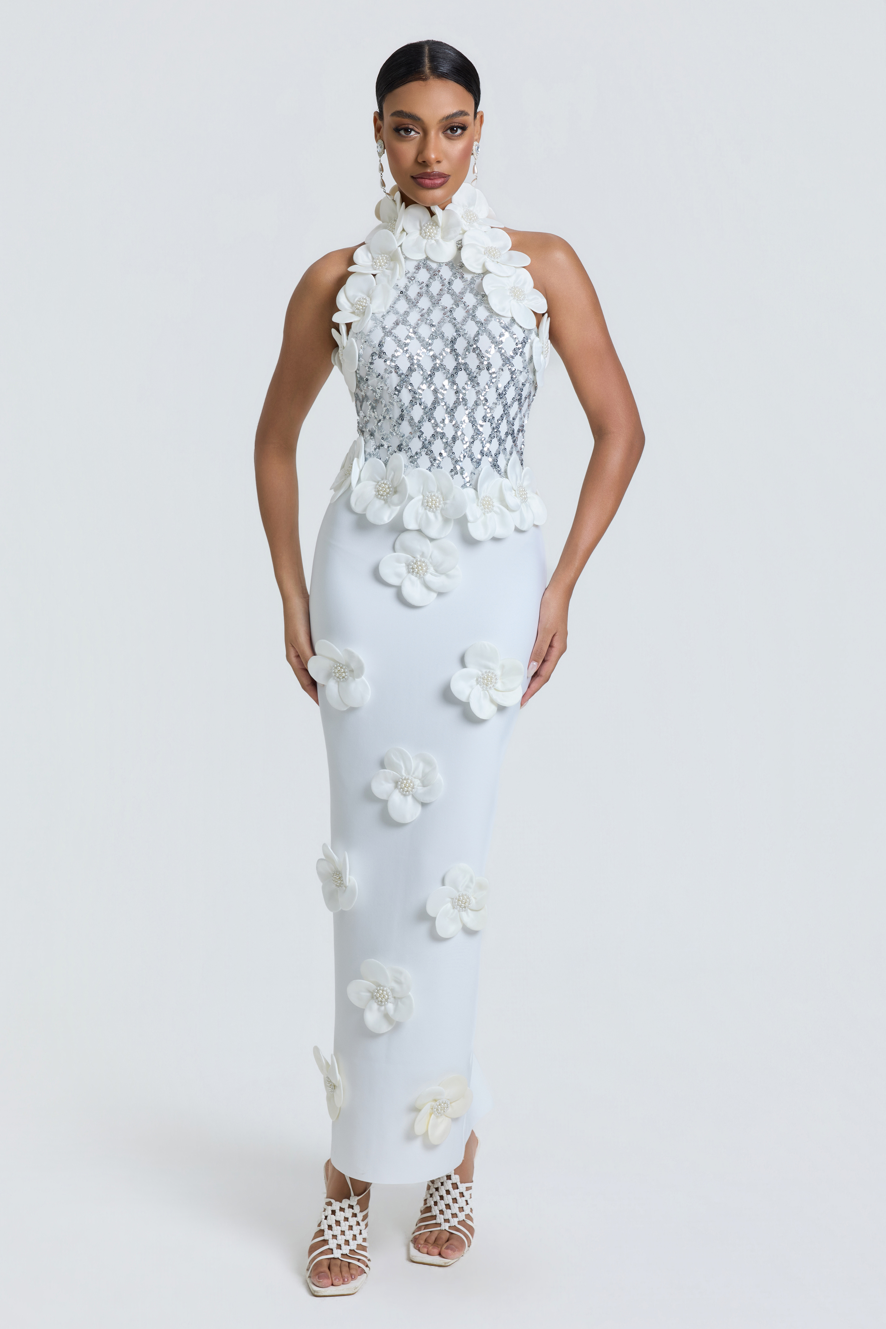Bandage Sequin 3D Flower Midi Dress