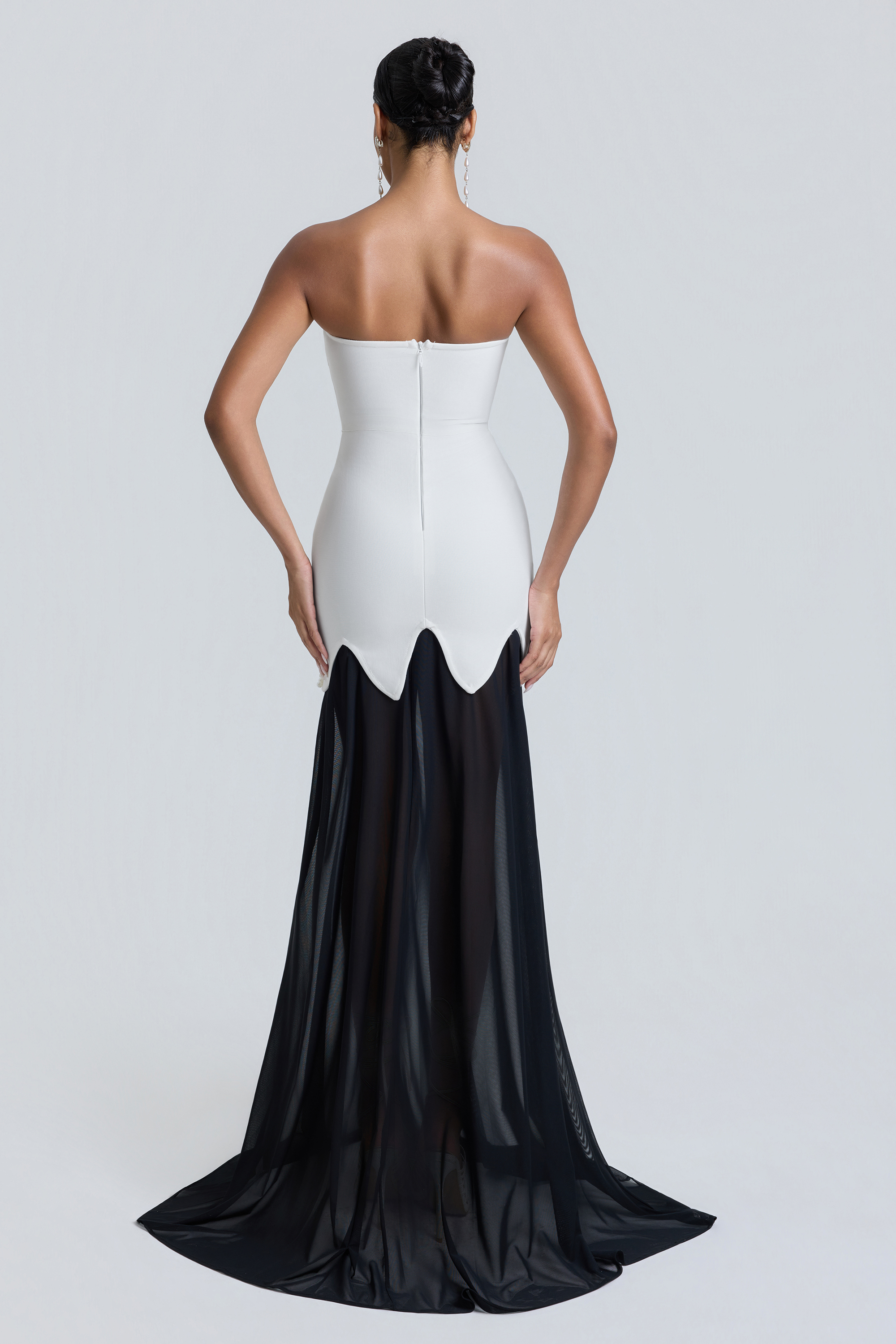 Bandage Faux Pearl Top & Mesh See-Through High Waist Maxi Skirt Set