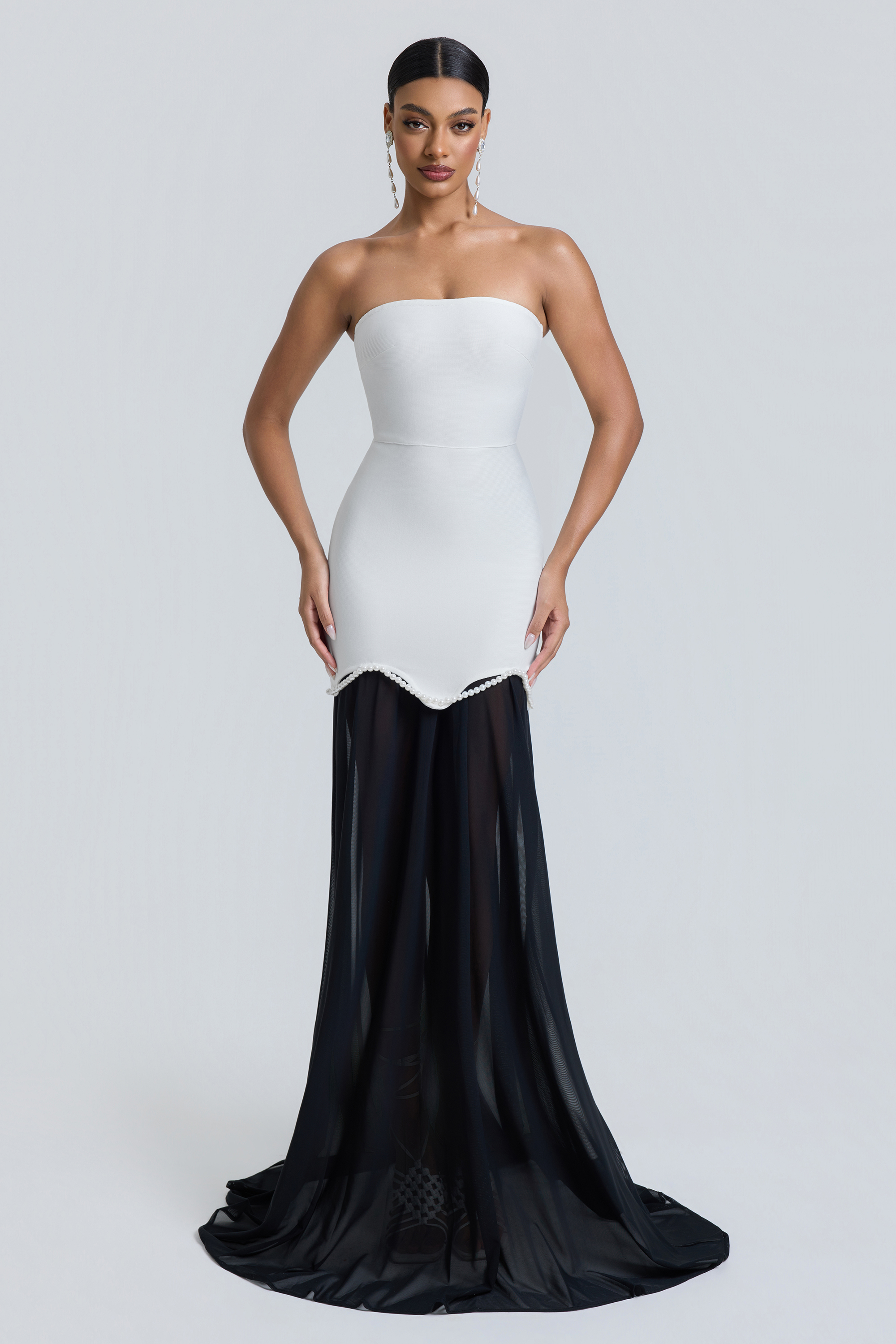 Bandage Faux Pearl Top & Mesh See-Through High Waist Maxi Skirt Set