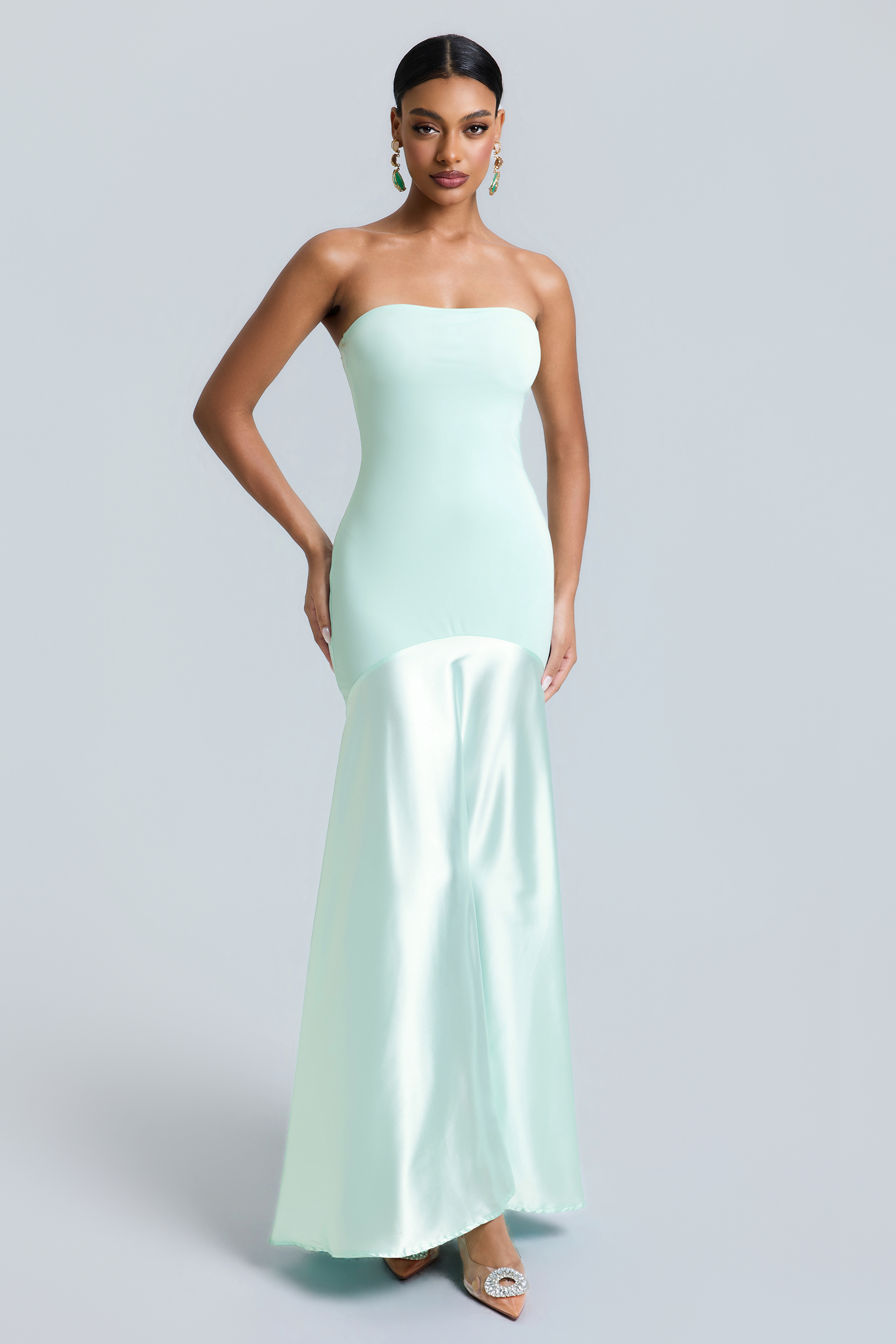Off Shoulder Jersey Splicing Satin Maxi Dress