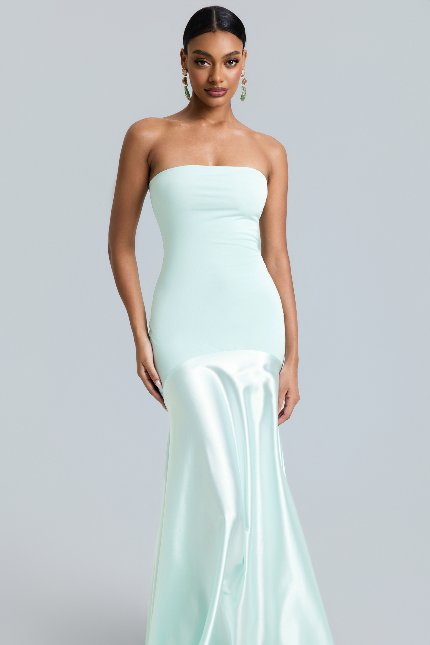 Off Shoulder Jersey Splicing Satin Maxi Dress