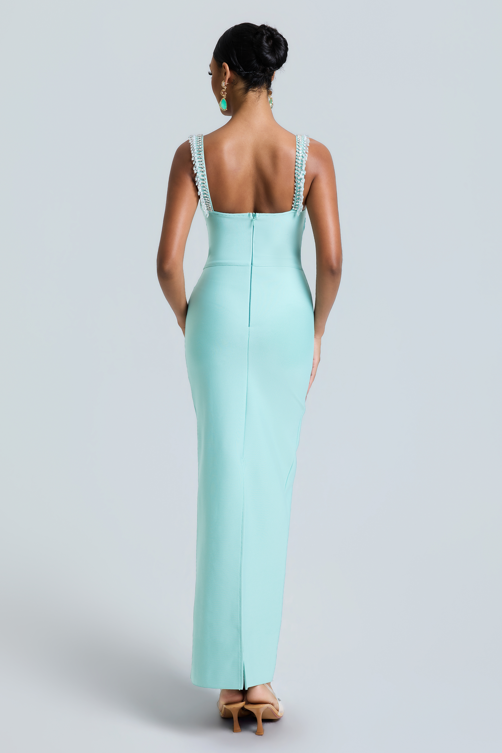 Bandage Cut-Out Beaded Rhinestone Rivets Maxi Dress