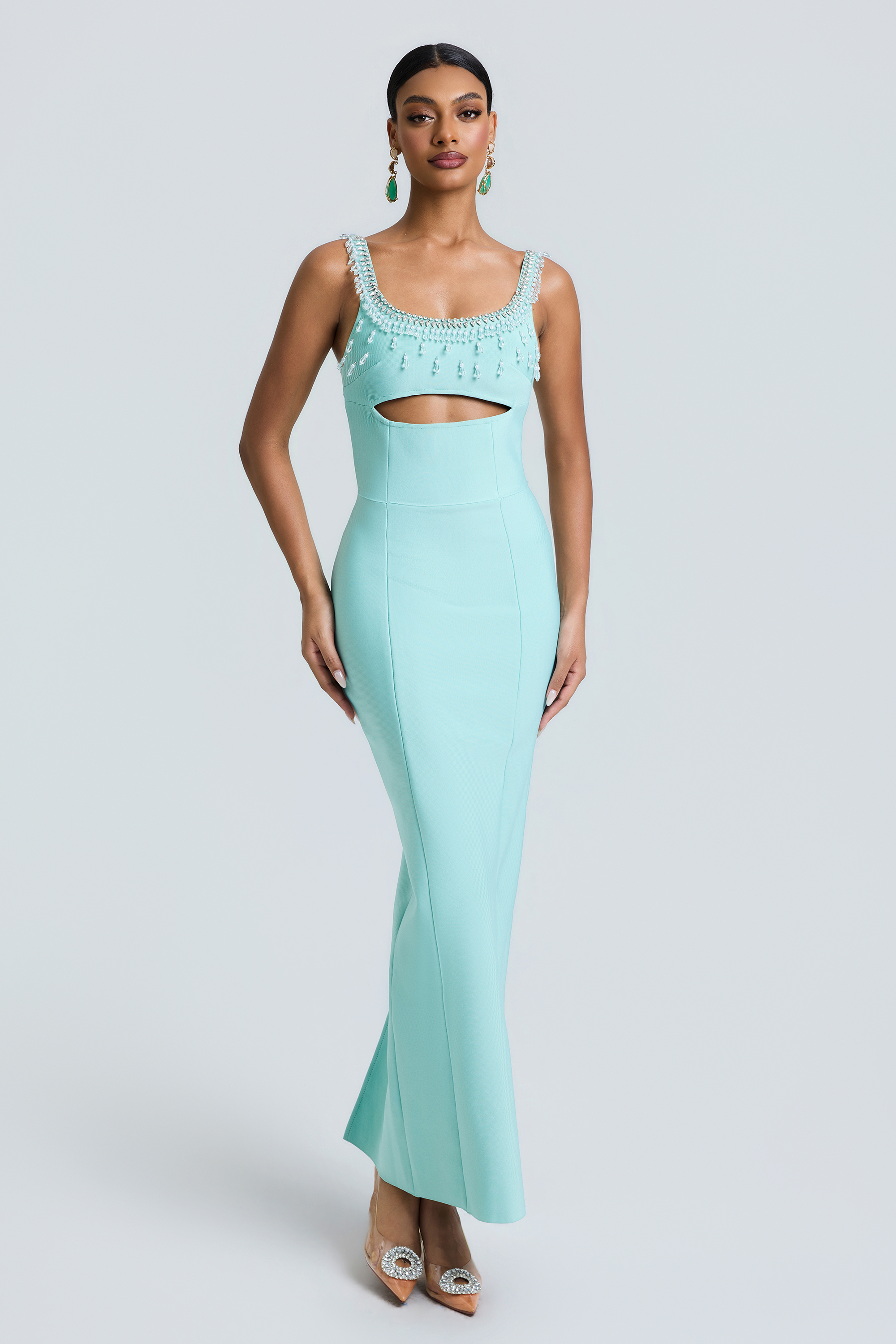 Bandage Cut-Out Beaded Rhinestone Rivets Maxi Dress