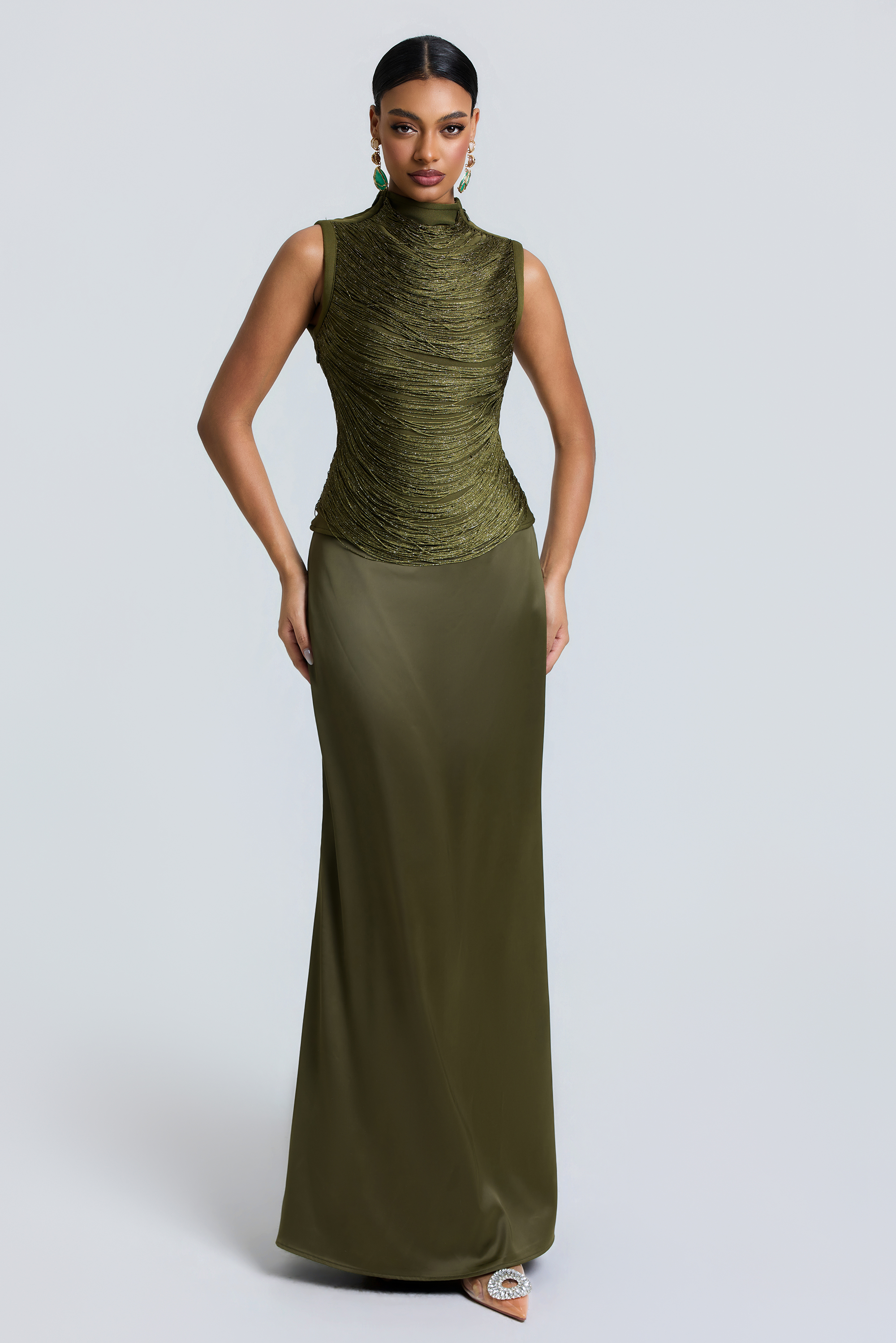 Tassels Sleeveless Top & Satin Low Waist Maxi Skirt Set